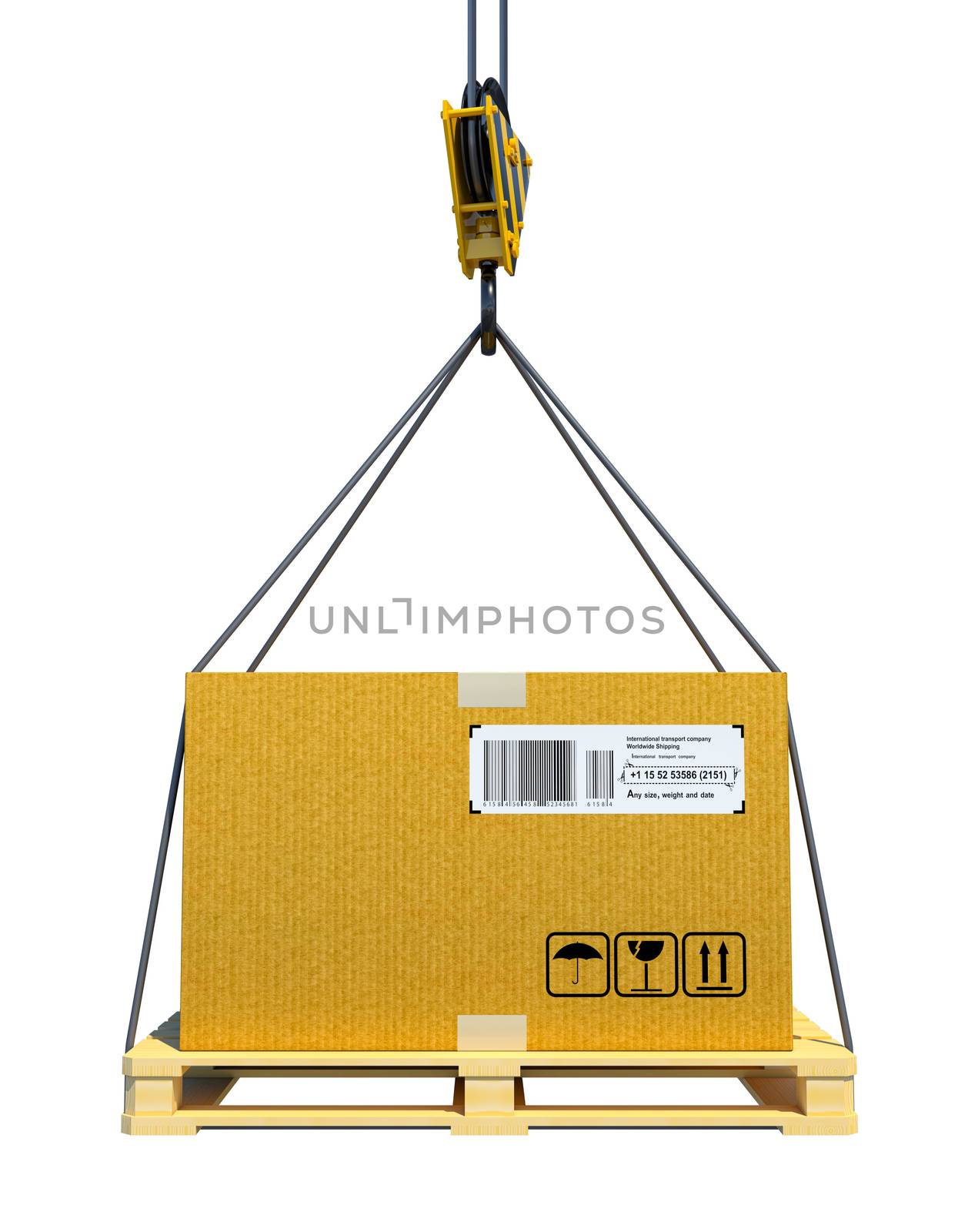 Pallet with cardboard lifted by crane. 3d illustration