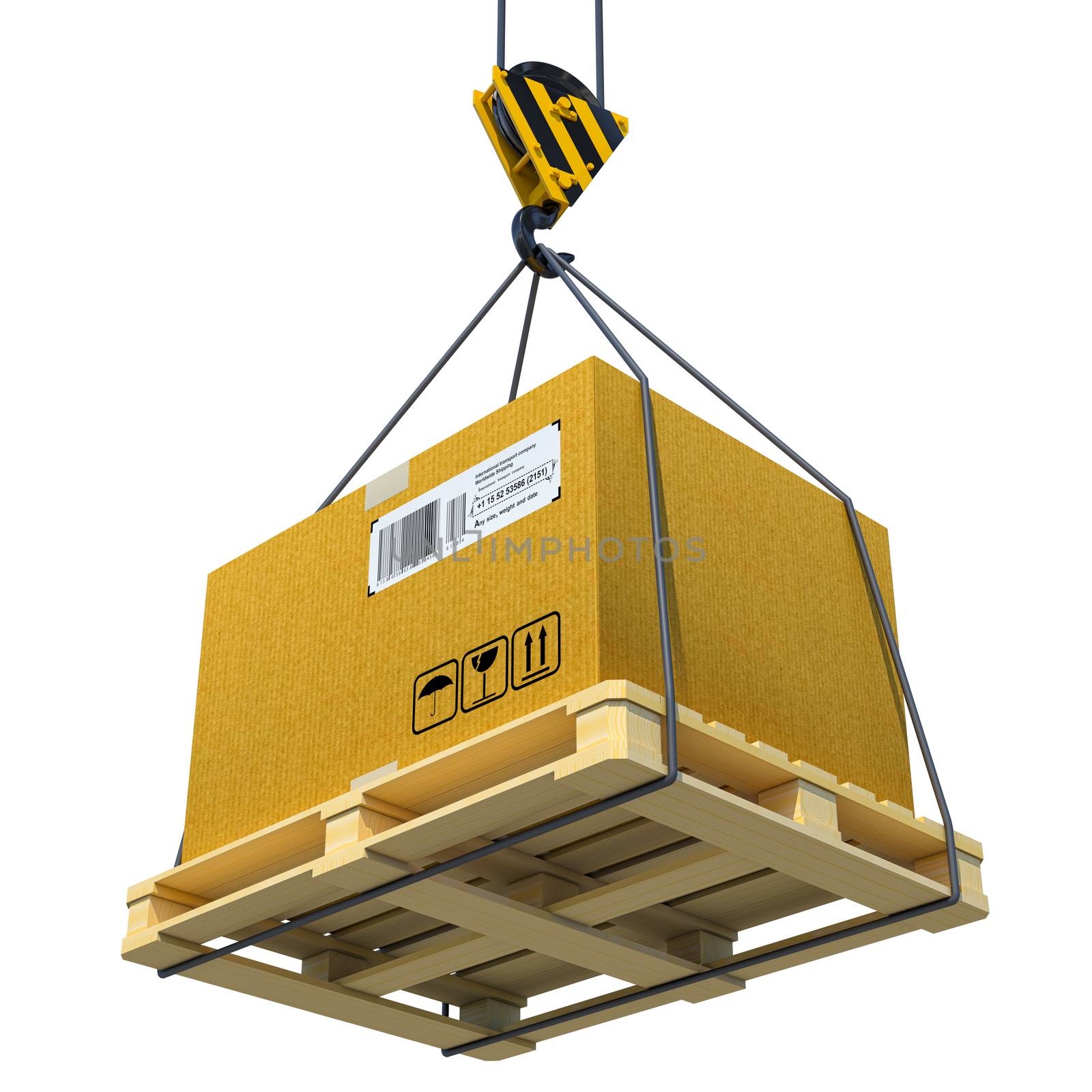 Pallet with cardboard lifted by crane by cherezoff