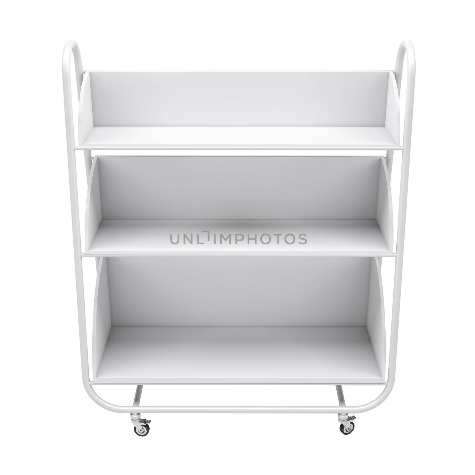 Empty white mobile showcase with shadow on floor. White background. 3D rendering