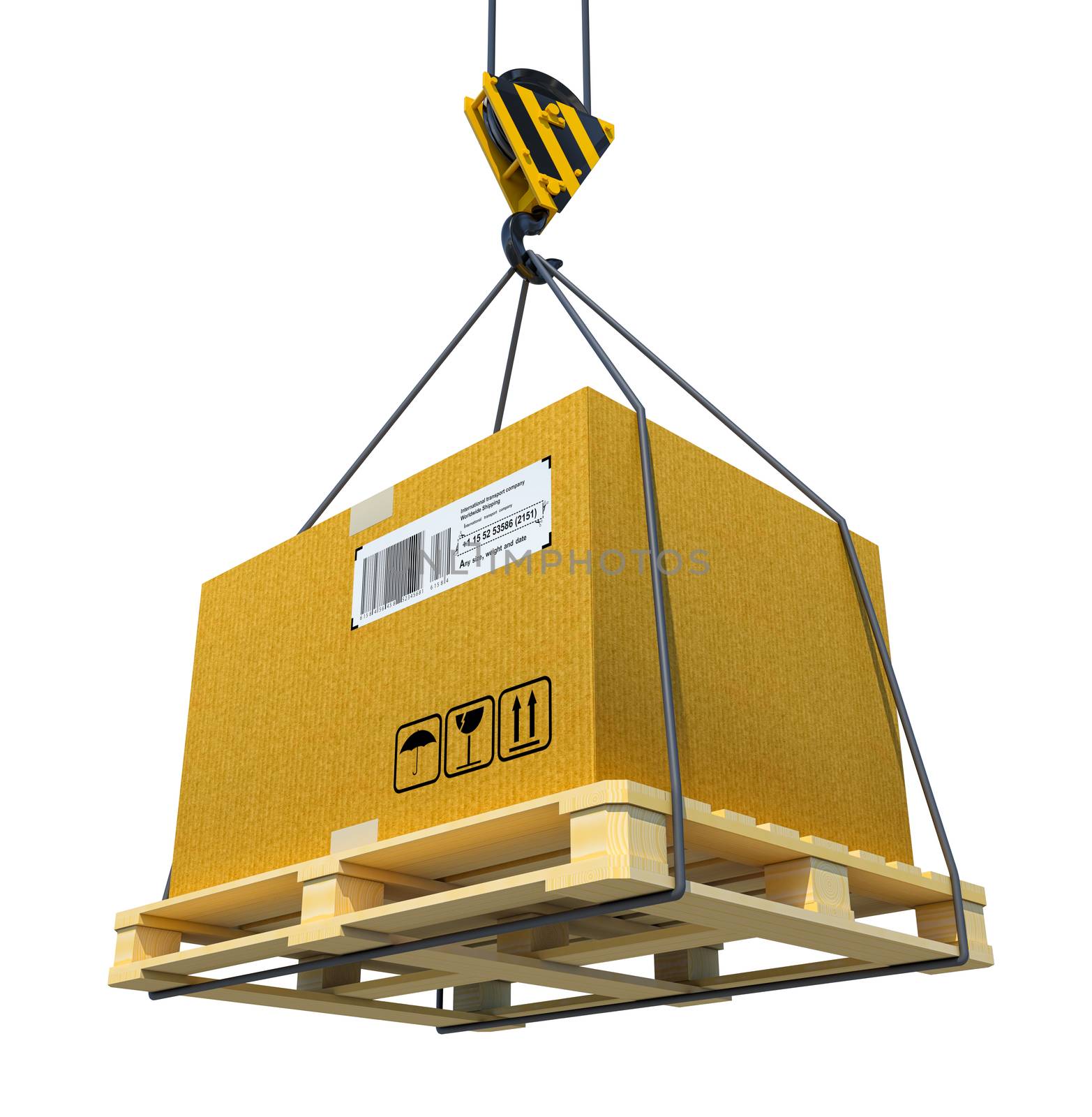 Pallet with cardboard lifted by crane. 3d illustration