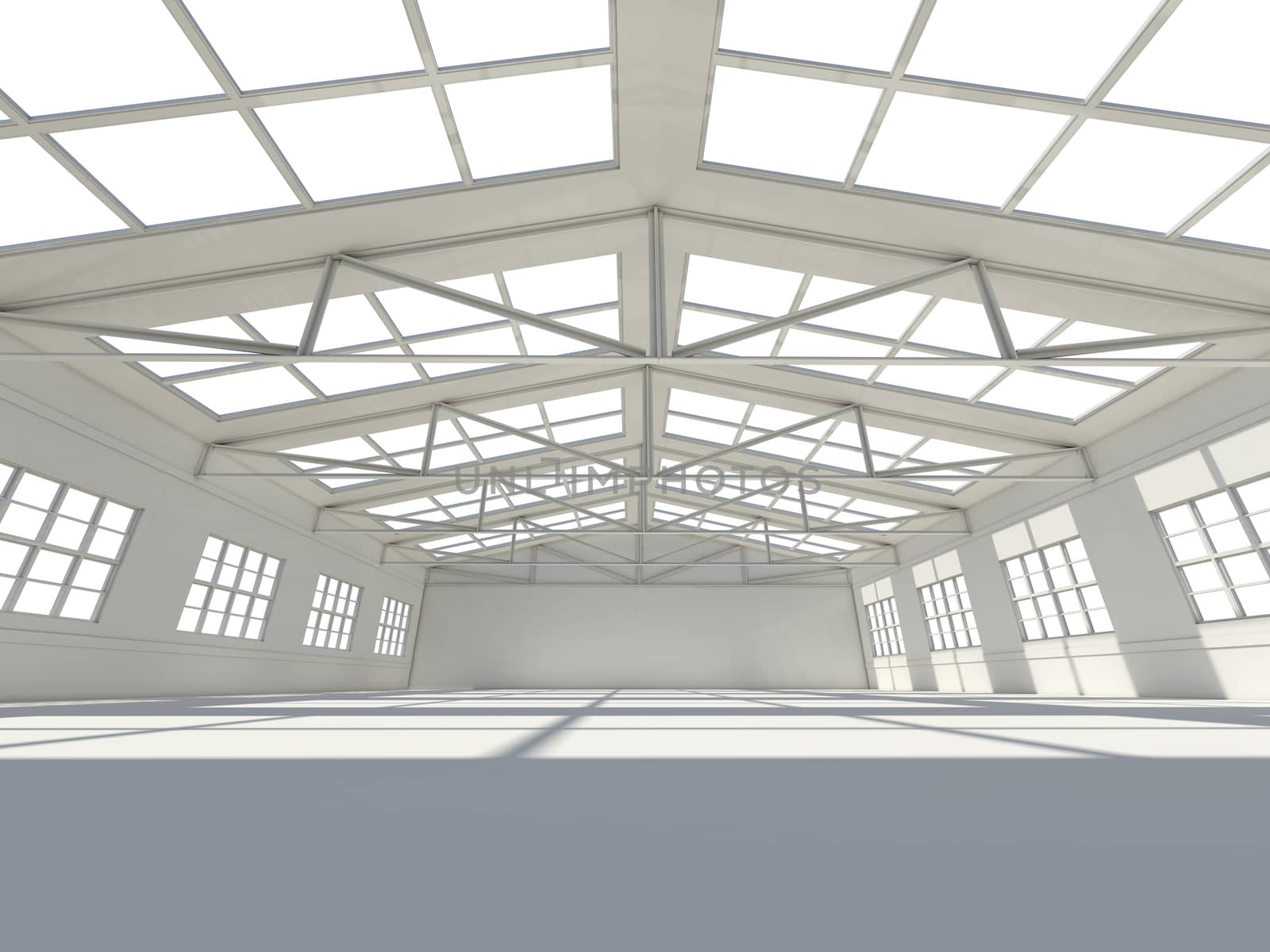 Huge empty light warehouse. Industrial concept. 3D illustration