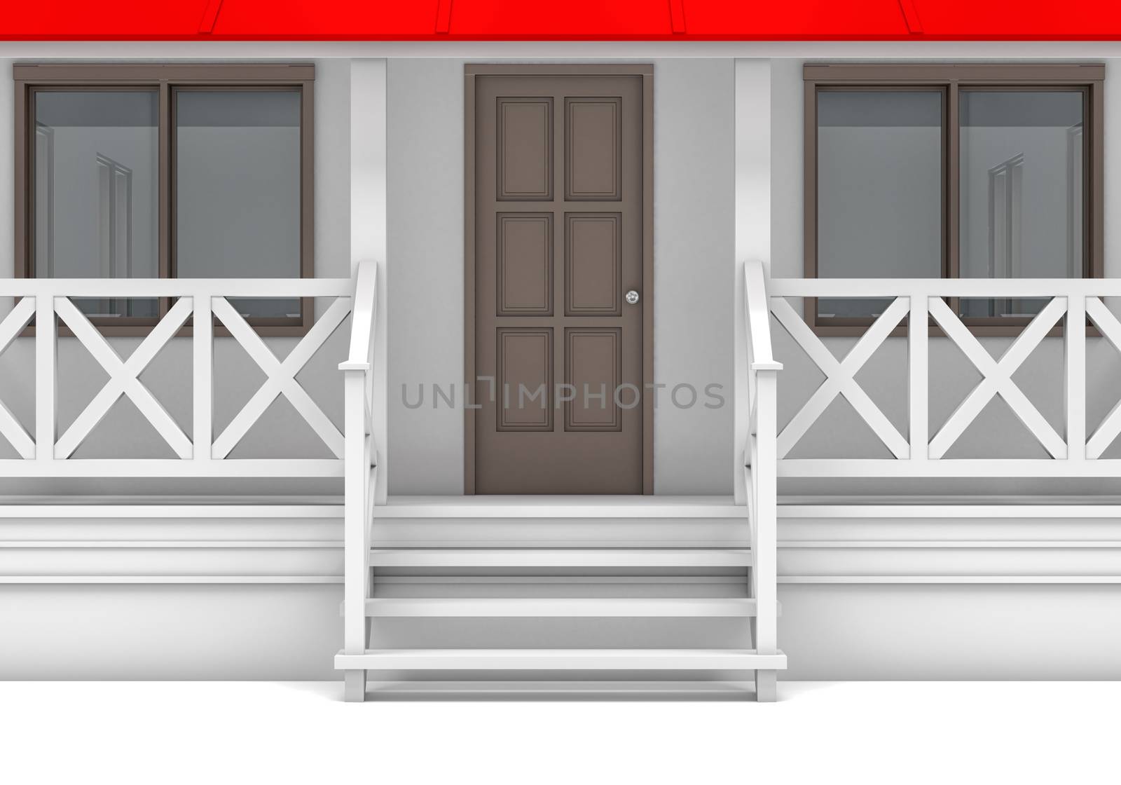 Front view. Close-up house with porch, door and windows. 3D illustration