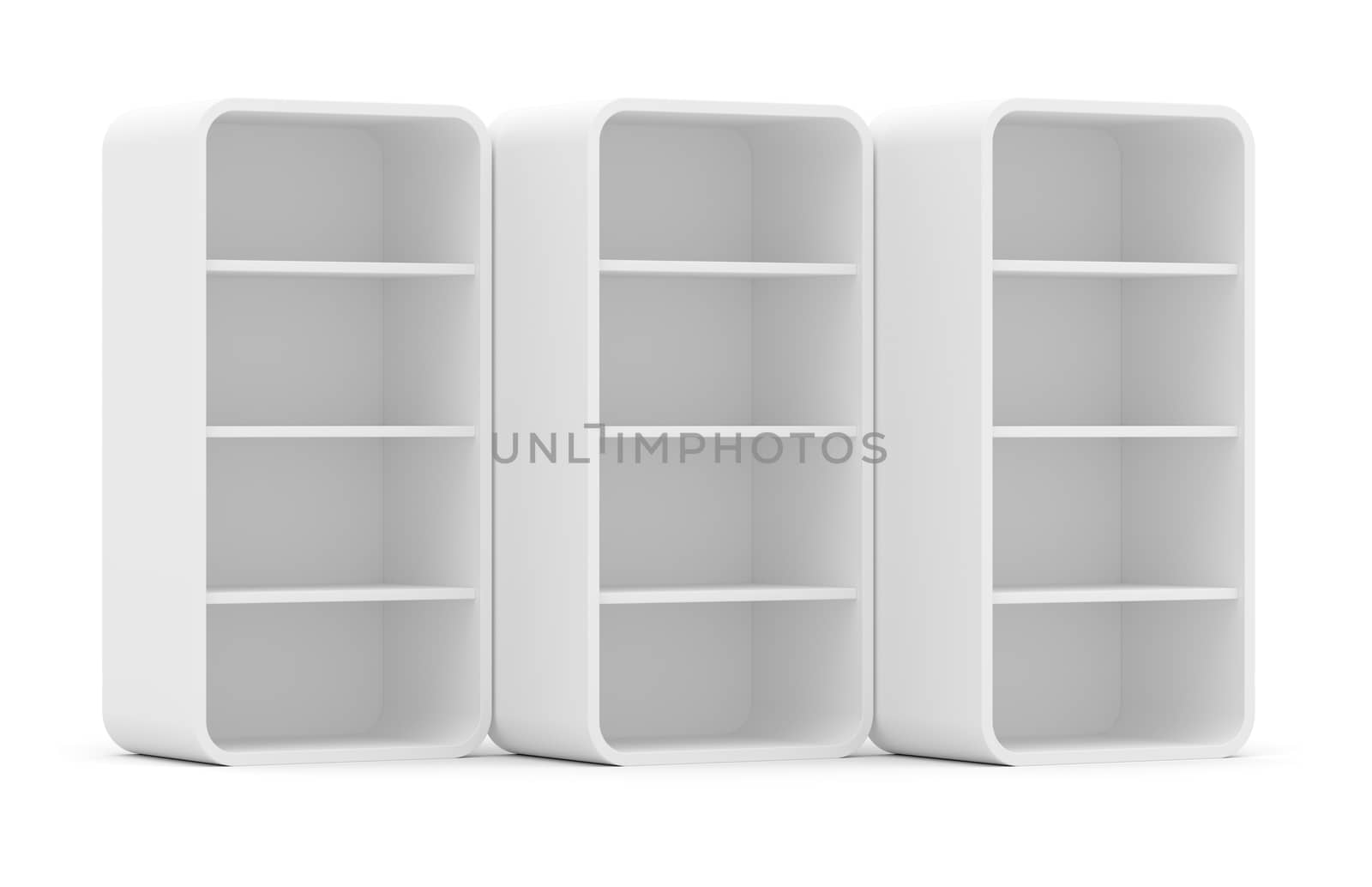 Three empty rotated retail shelves. Front view. Template. 3D Illustration, Isolated on white