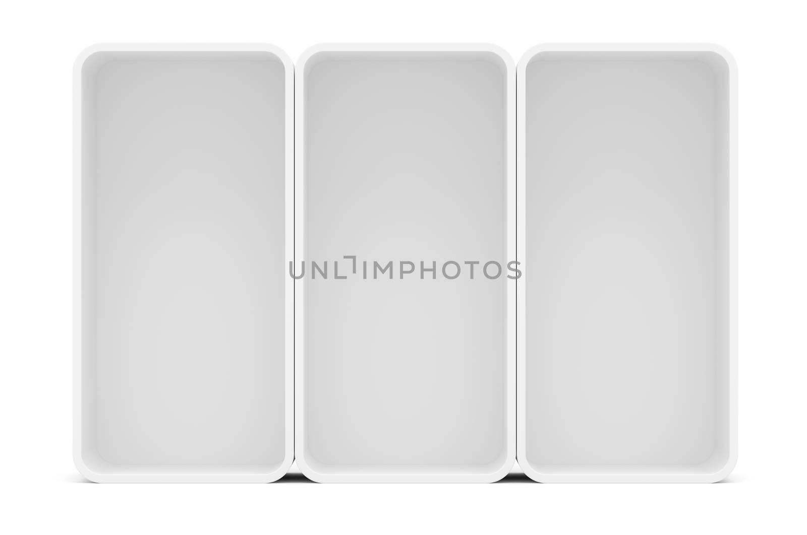 Three blank empty rounded showcase display. Front view. Mock-up. Ready for your design. Isolated. 3D illustration