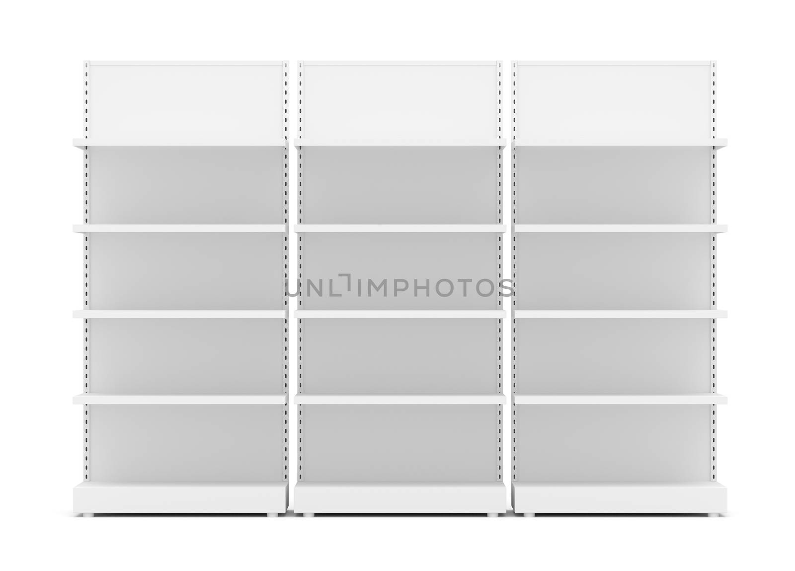 Three White Empty Retail Shelves. Front View. Isolated On White Background. 3D Illustration