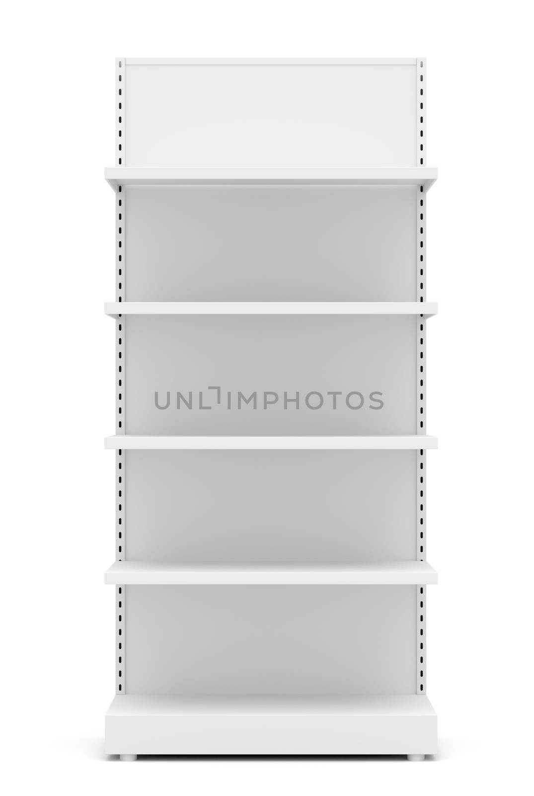White Empty Retail Shelves. Front View. Isolated On White Background. 3D Illustration