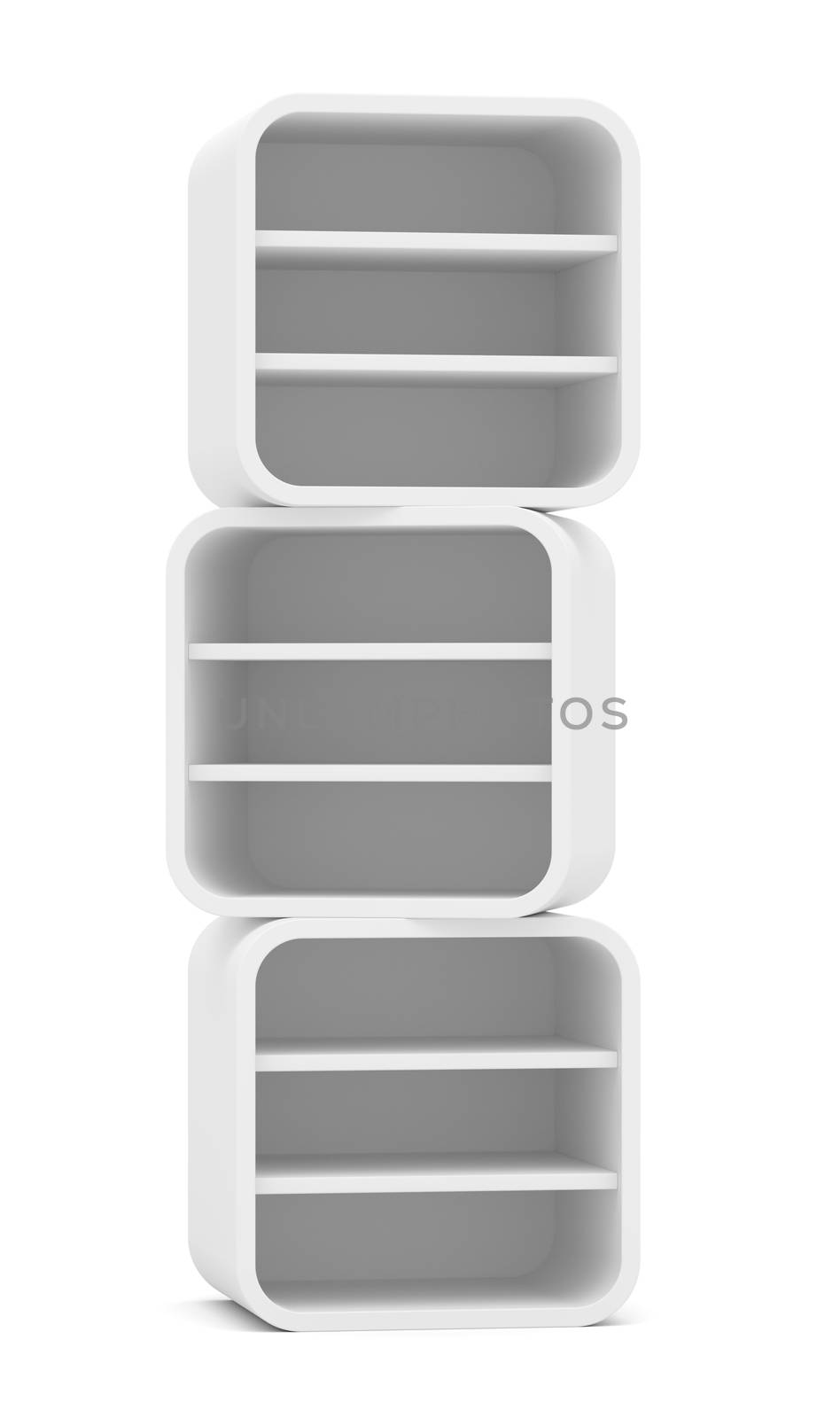 Empty rounded retail shelves. Front view. Template. 3D Illustration, Isolated on white