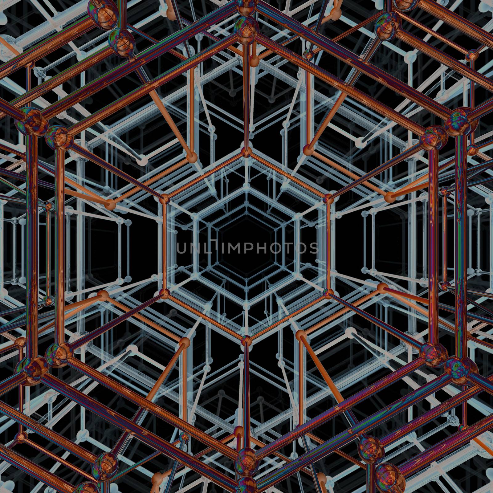 Abstract geometric pattern. Network connection on black background. 3D illustration