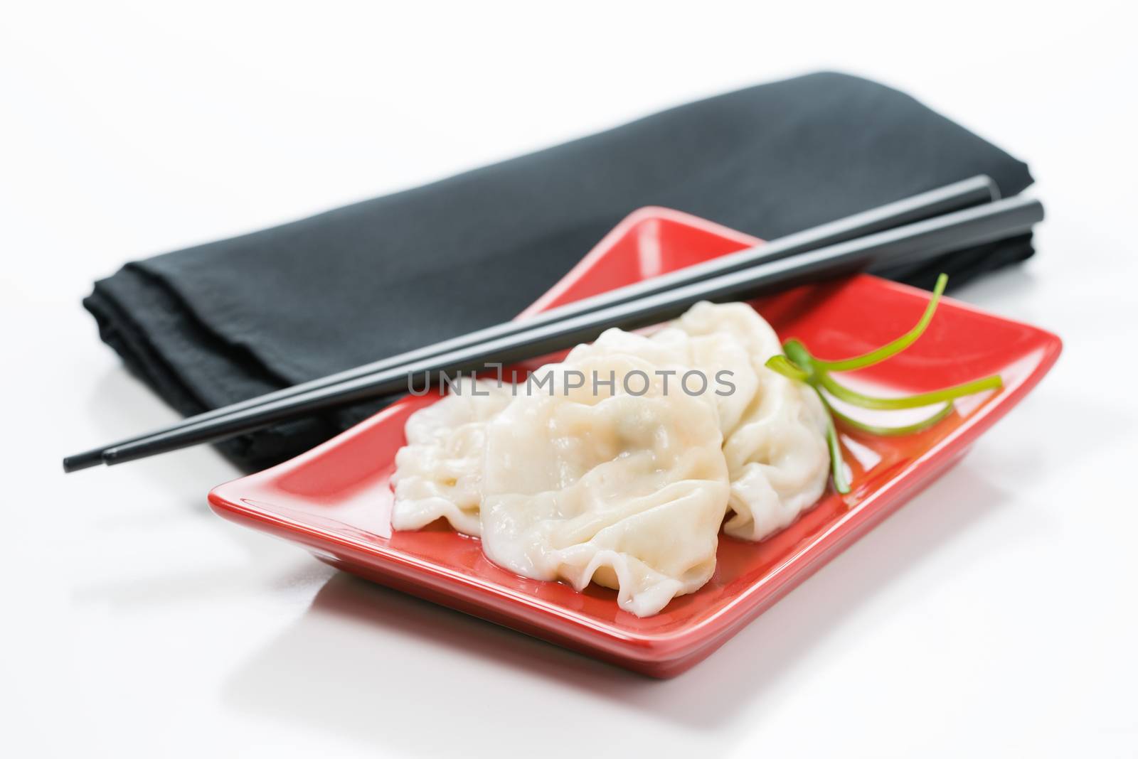 Plate of delicious steamed vegetable chinese dumplings on a red plate.