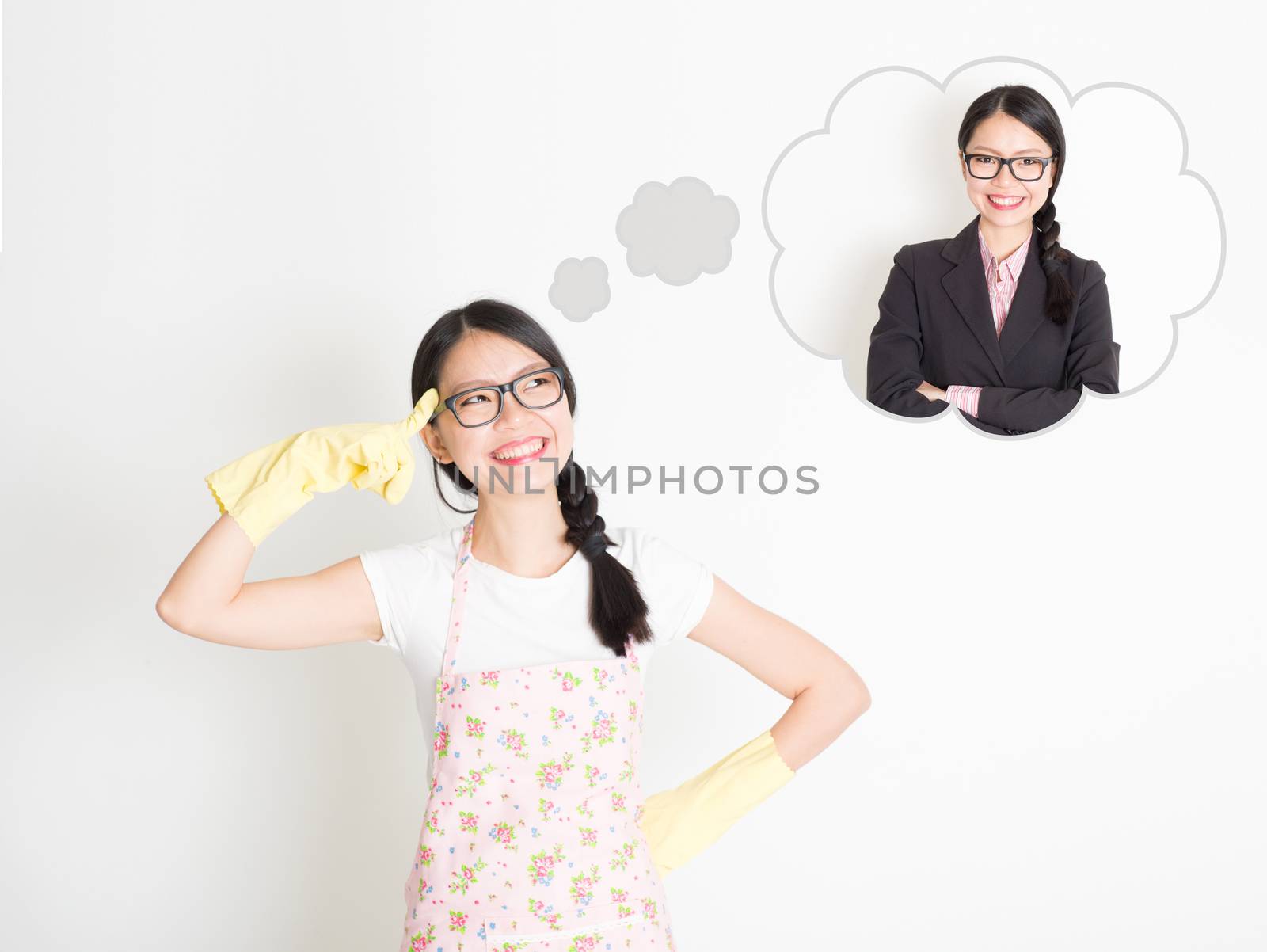 Young Asian cleaning lady thinking about changing her job.