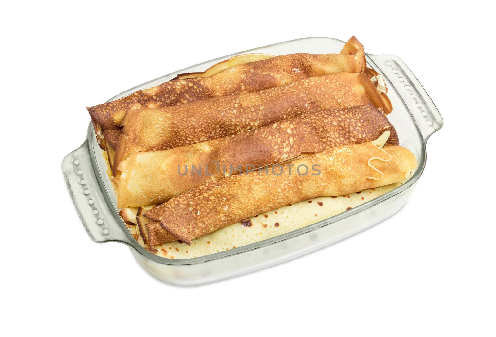 Pancakes filled with cottage cheese in glass roasting pan by anmbph