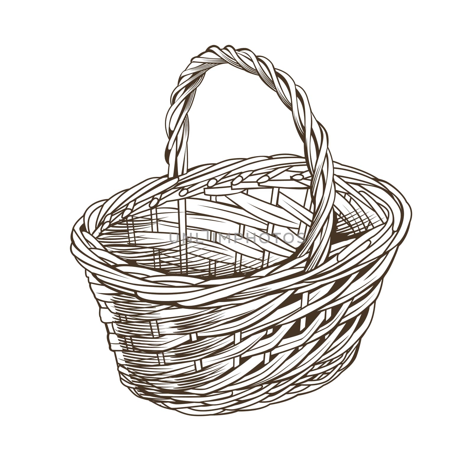 Vintage basket on white background in woodcut style.