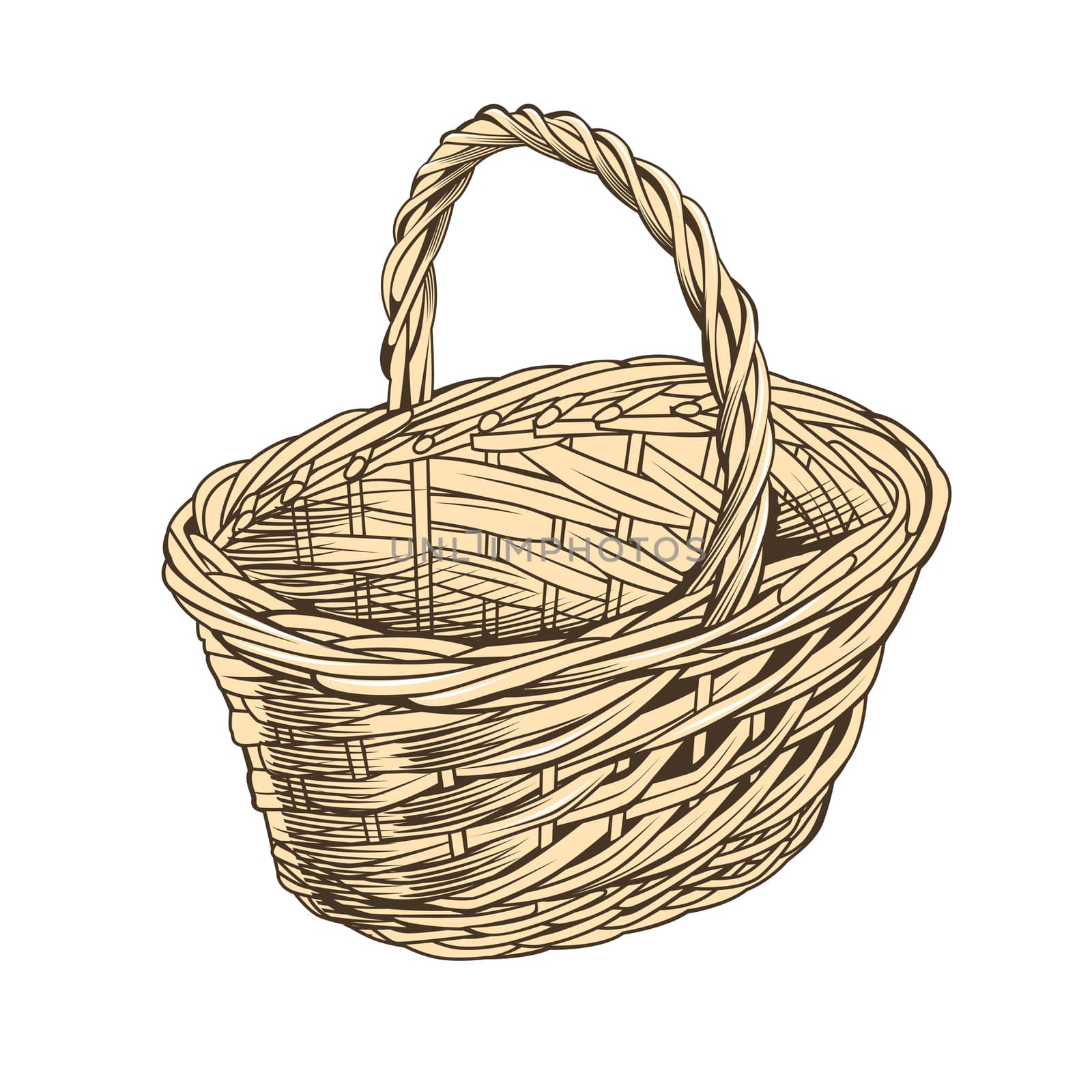 Vintage basket on white background in woodcut style.