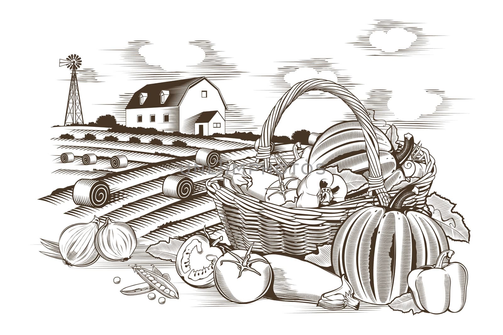 Vegetable basket and farm in woodcut style.