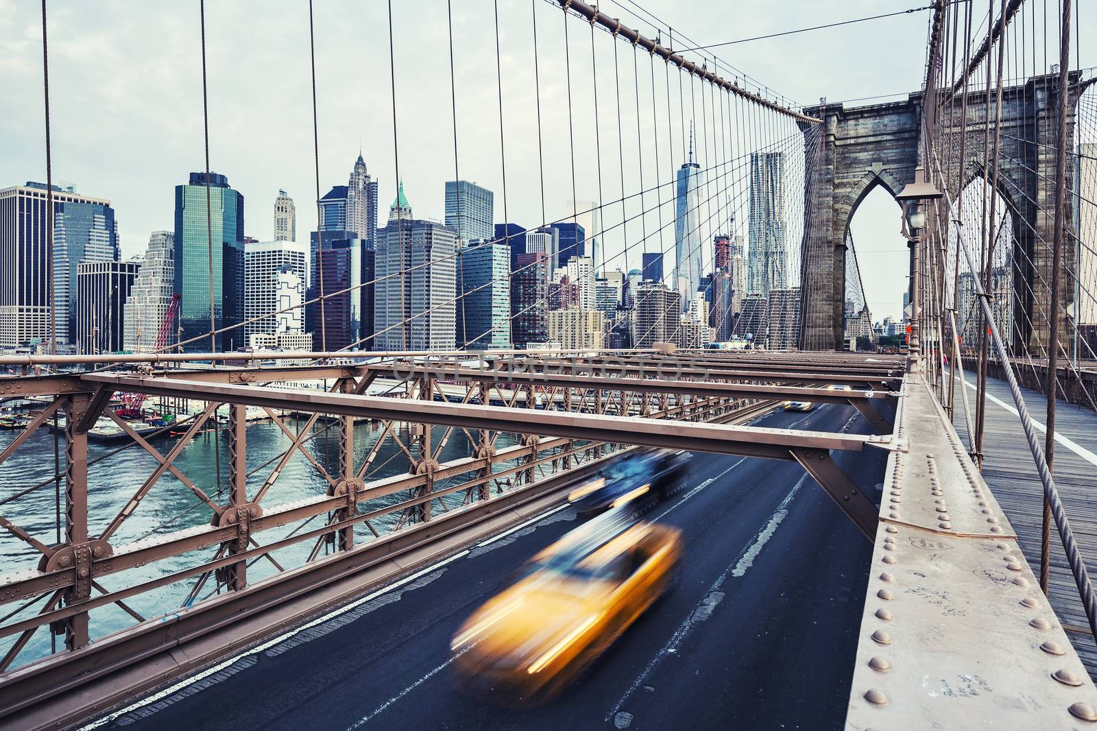 View of Brooklyn Bridge in New York City. Special photographic processing.