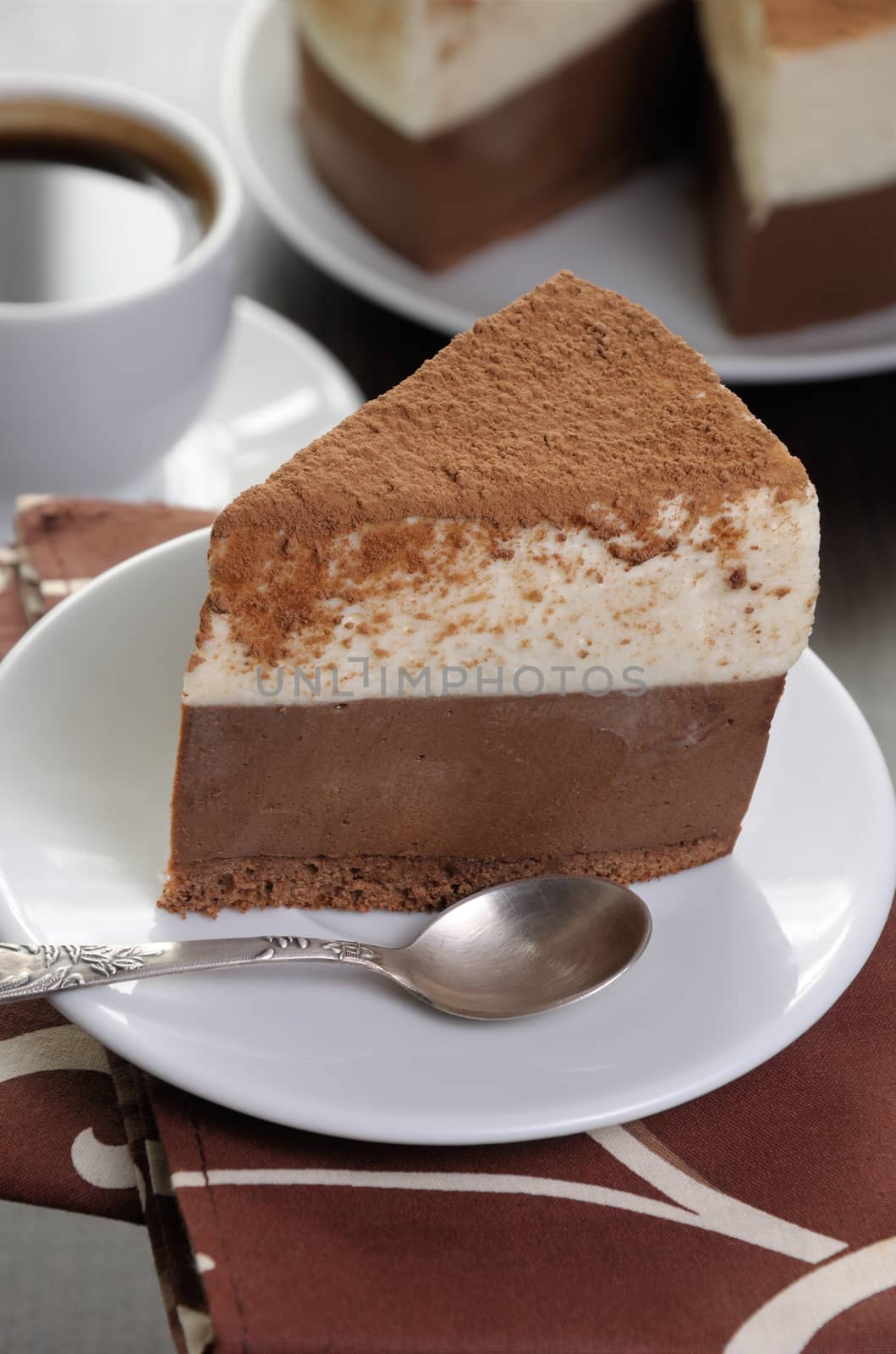 a piece of chocolate with vanilla mousse cake covered  cocoa