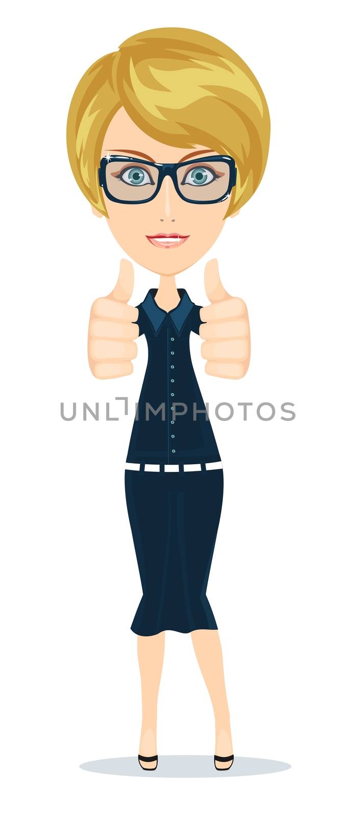 Businesswoman raised his thumb up, shows that all OK. Stock vector illustration