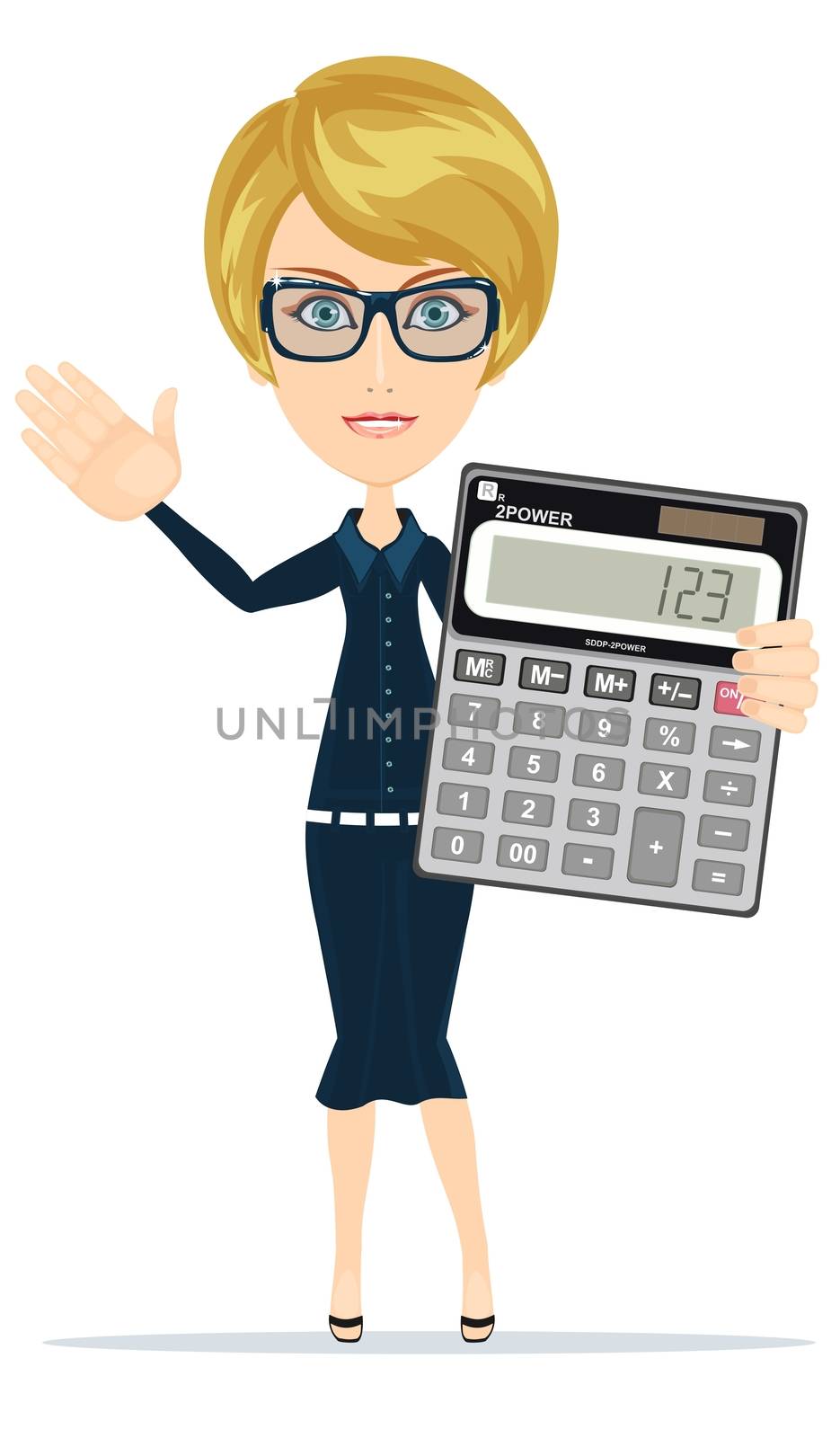 Accountant shows the calculator to work, for use in presentations. Stock Vector illustration