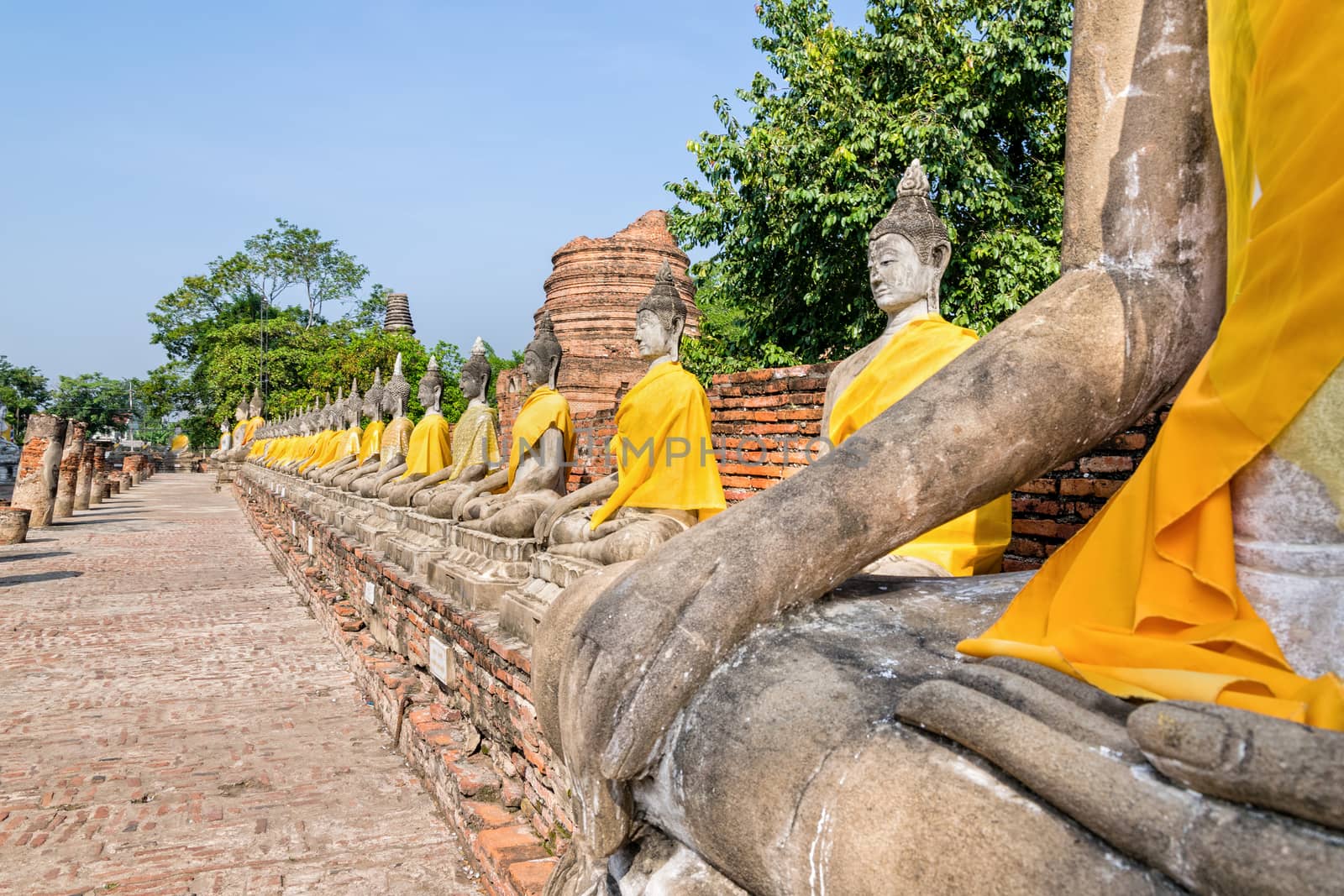 Row of Buddha statue sitting at Wat Yai Chaimongkol temple in Phra Nakhon Si Ayutthaya Historical Park, Ayutthaya Province, Thailand
