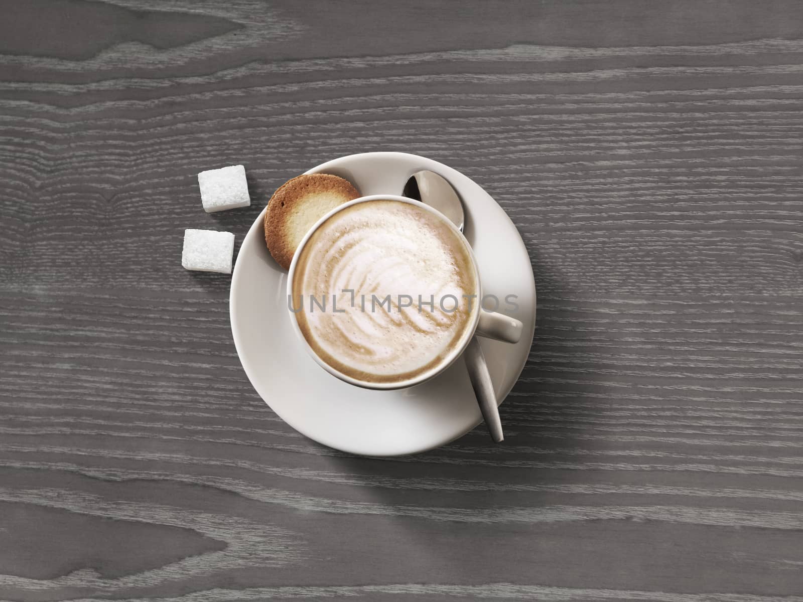 Coffee cup top view on dark wood table background with copy space