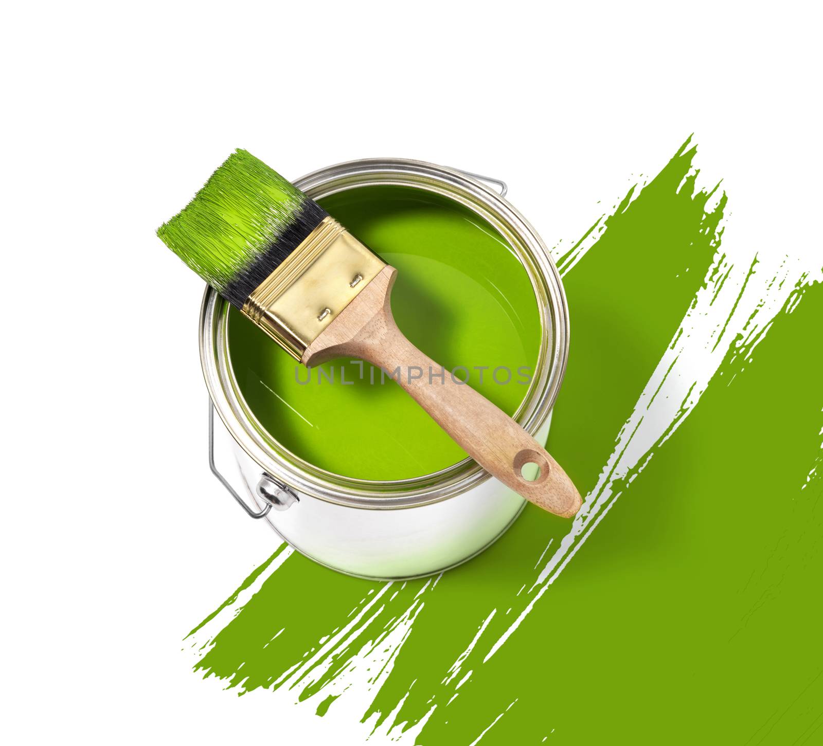 Green paint tin can with brush on top on a white background with green strokes