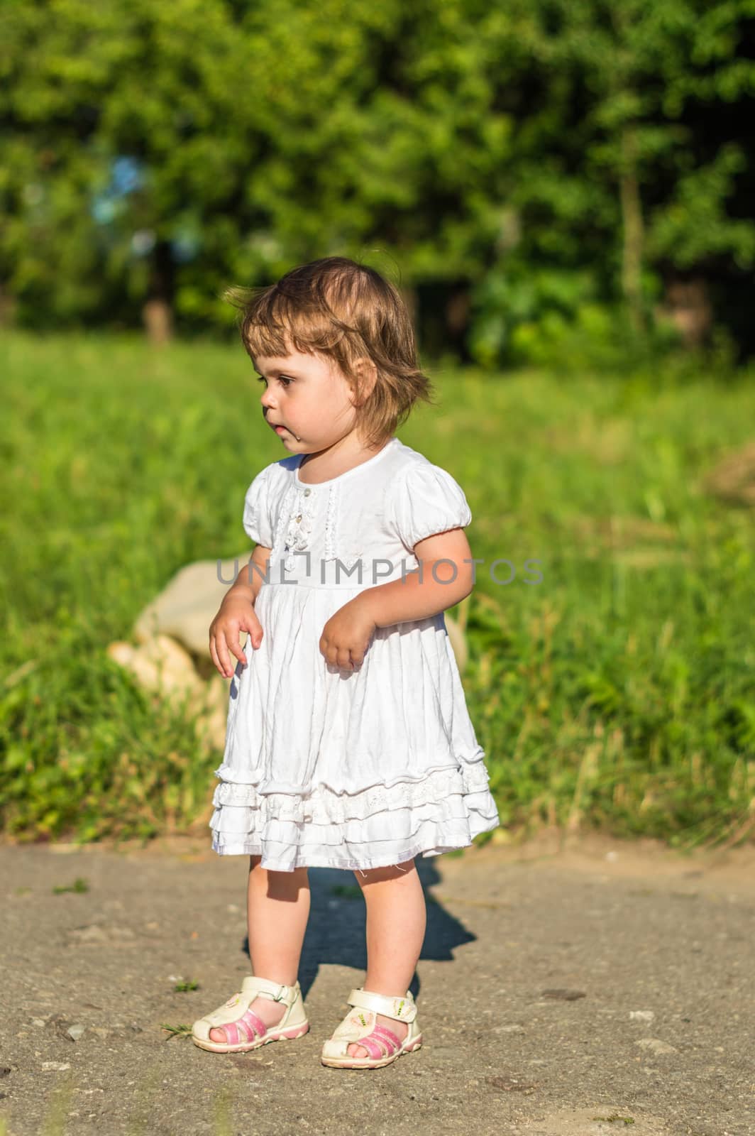 a little girl walks in the Park in summer