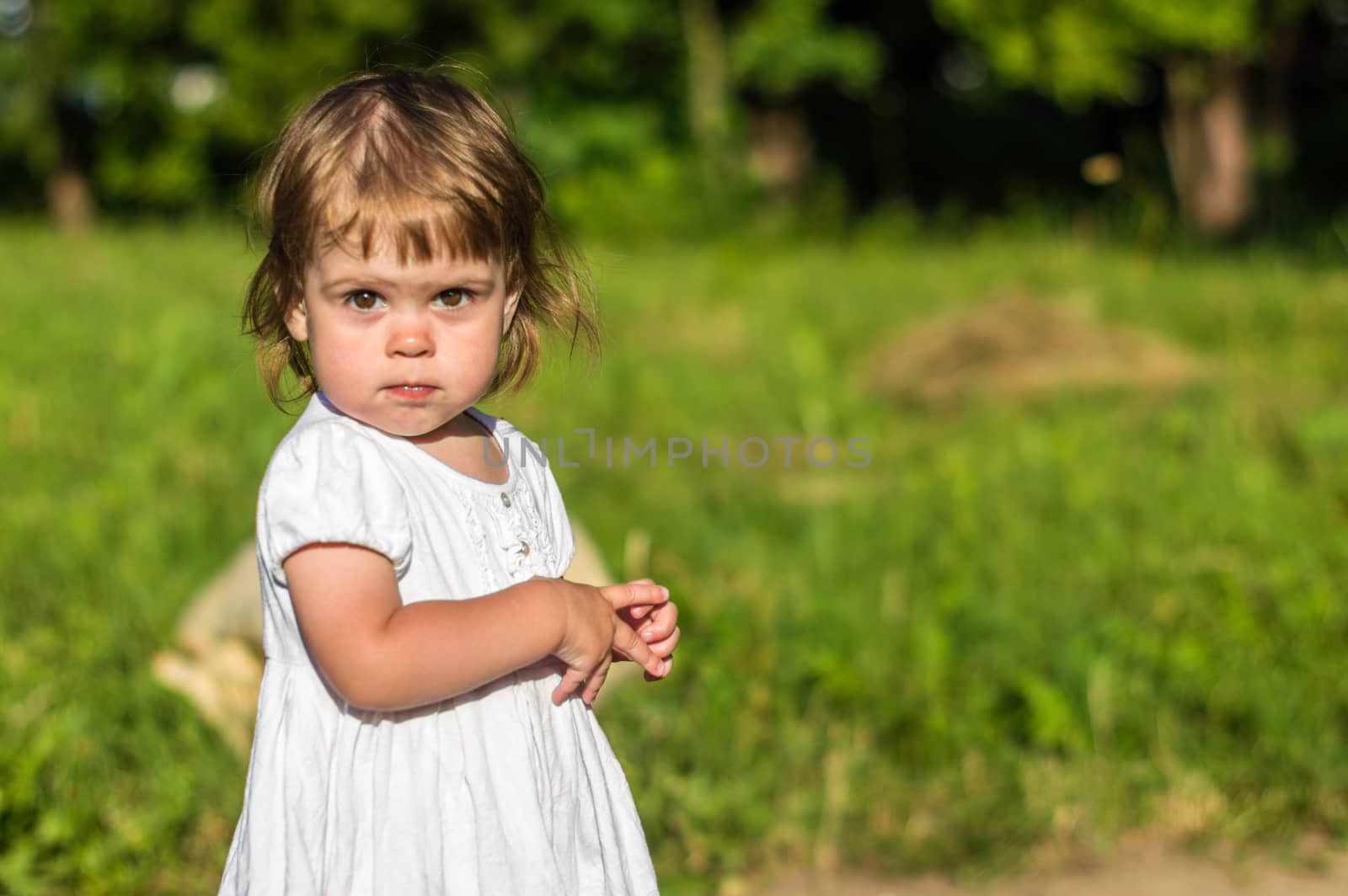 a little girl walks in the Park in summer