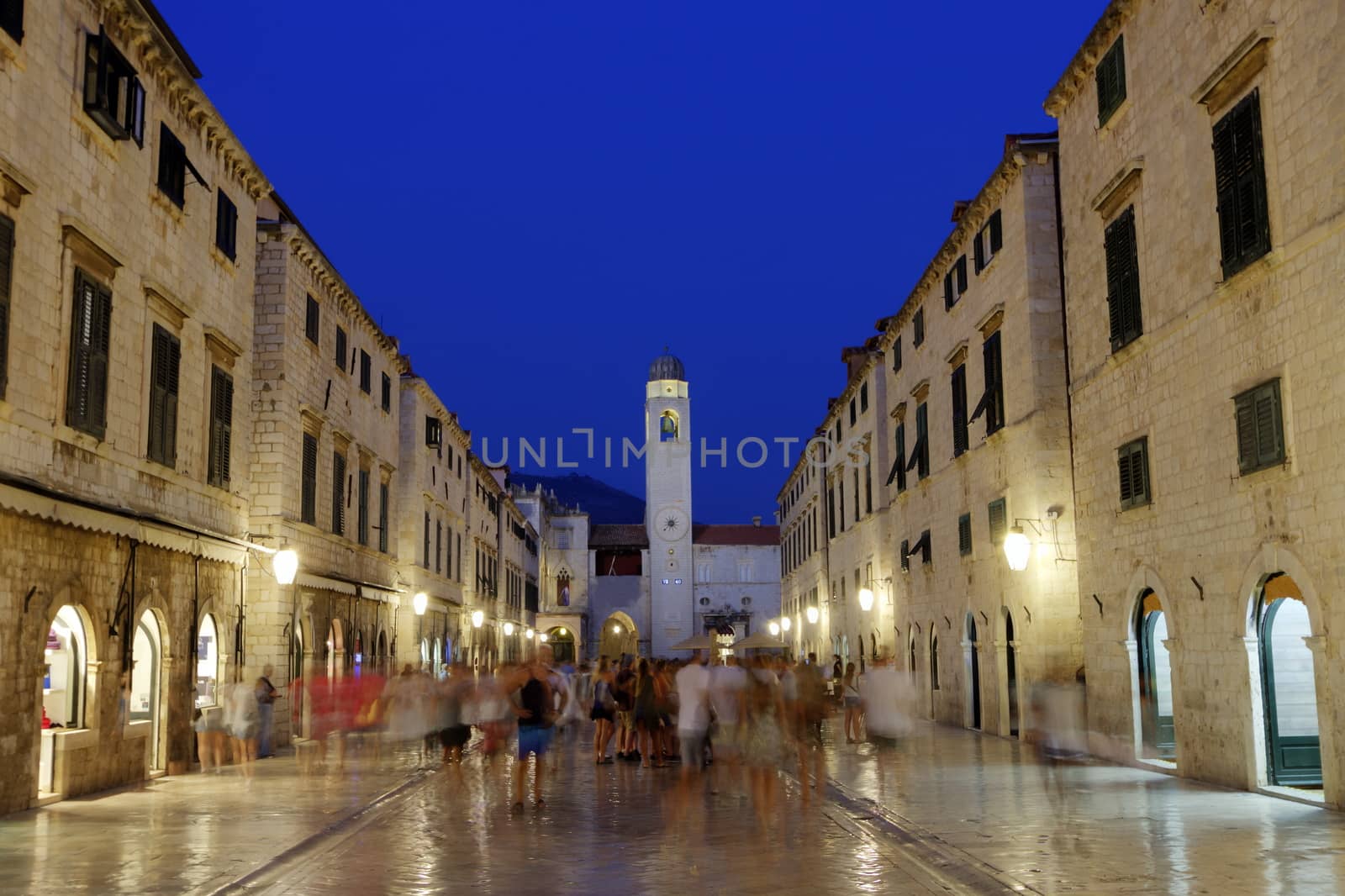 Dubrovnik old city stradun or placa main street by night, South Dalmatia region, Croatia, hdr