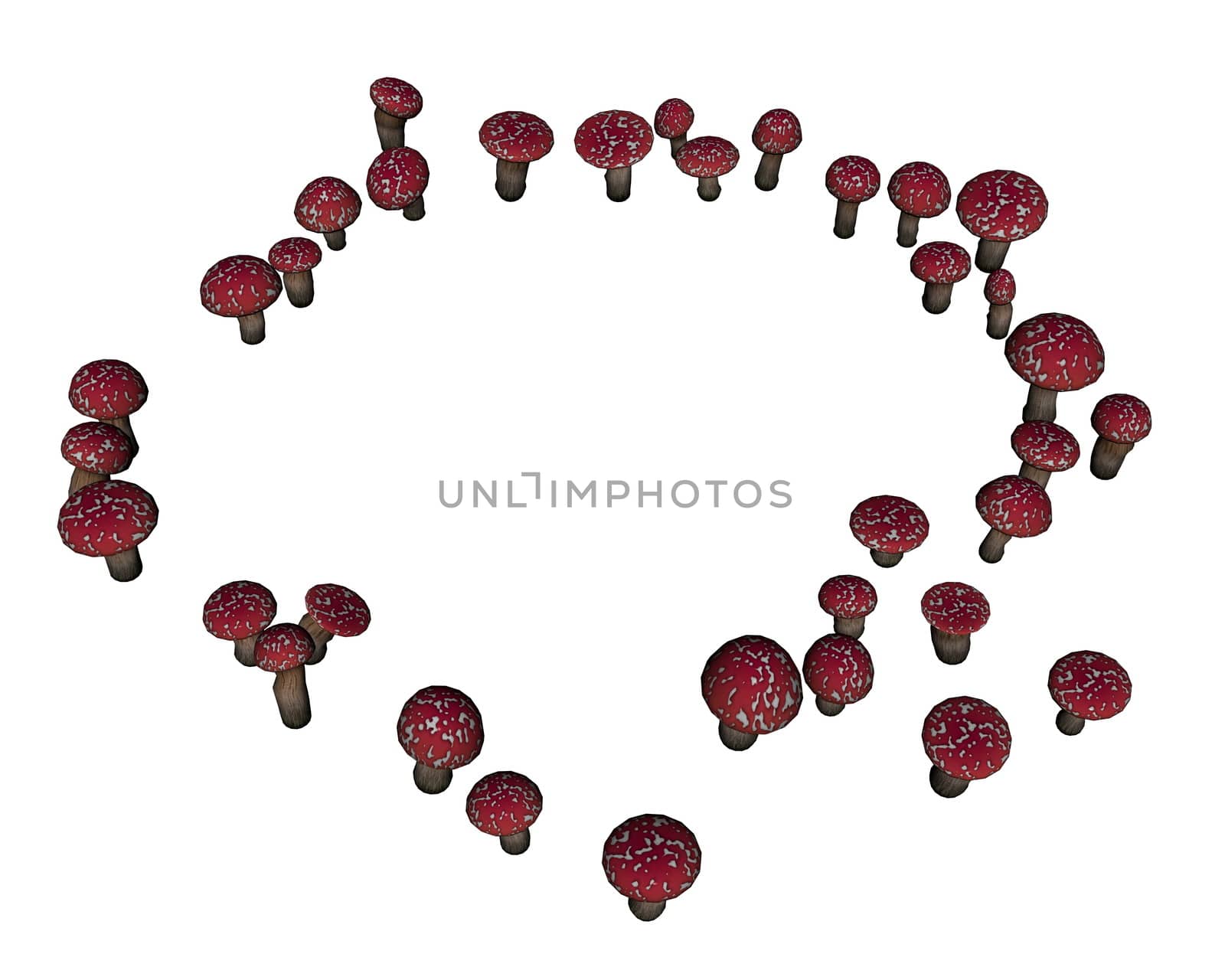 Red amanita muscaria mushrooms in circle isolated in white background - 3D render