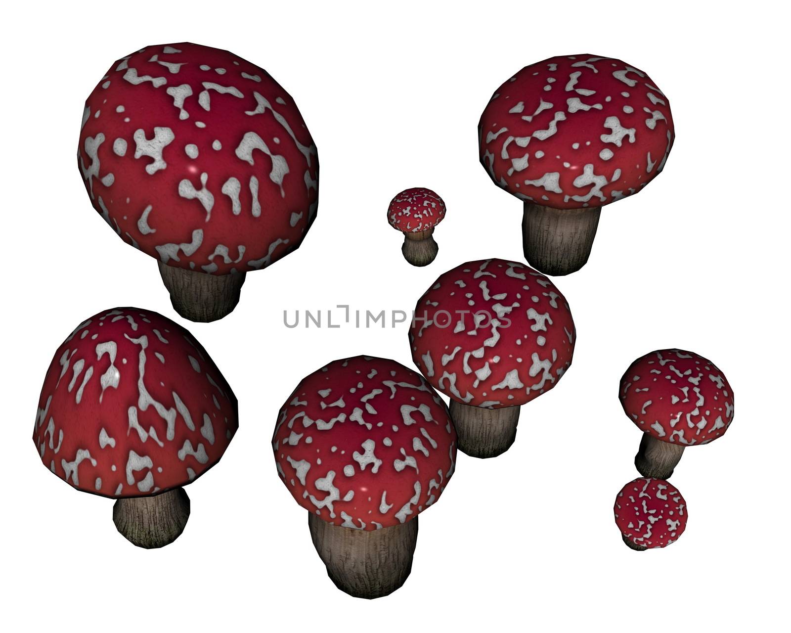 Red amanita muscaria mushrooms - 3D render by Elenaphotos21