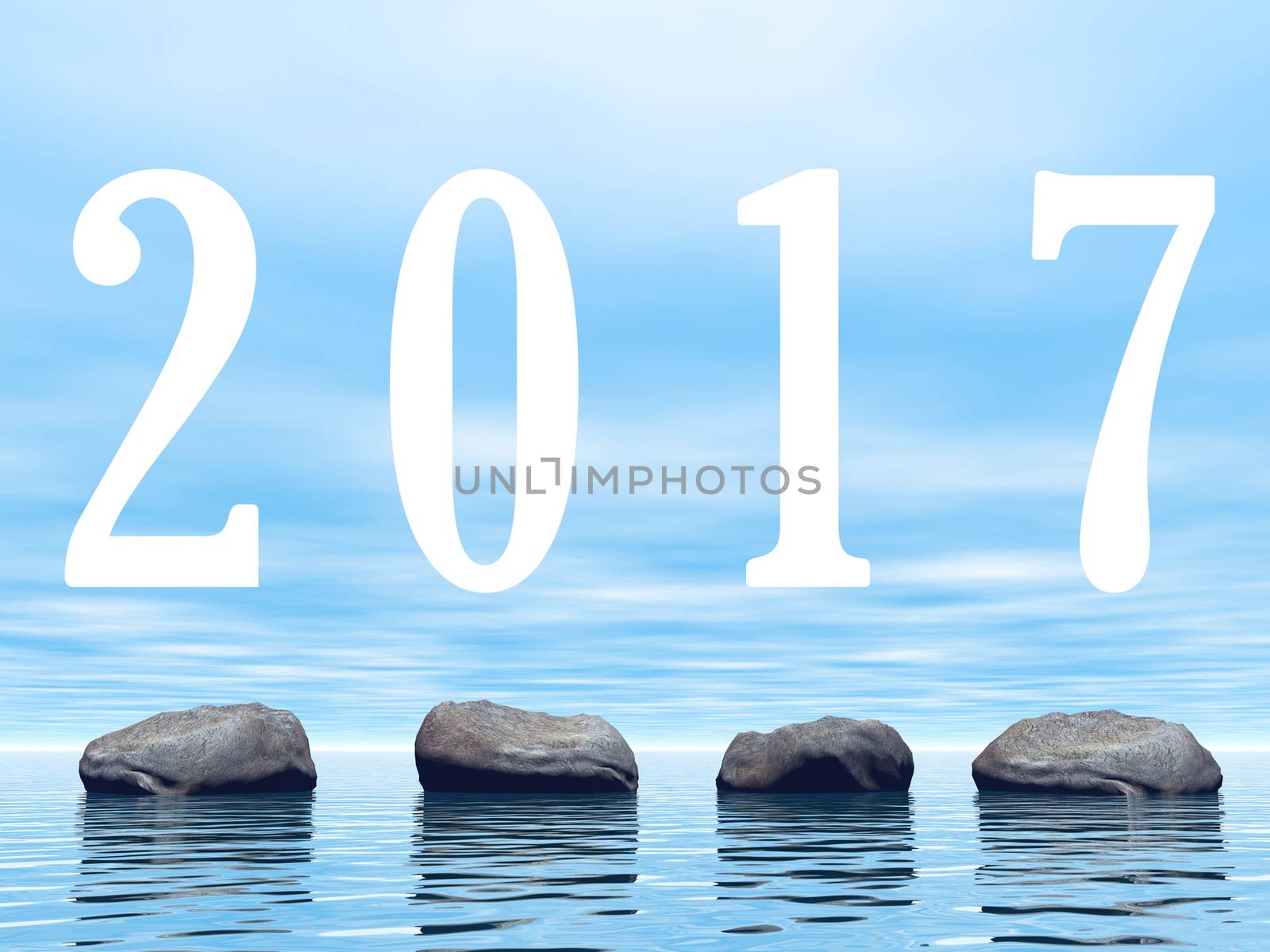Zen stones upon water for 2017 new year - 3D render