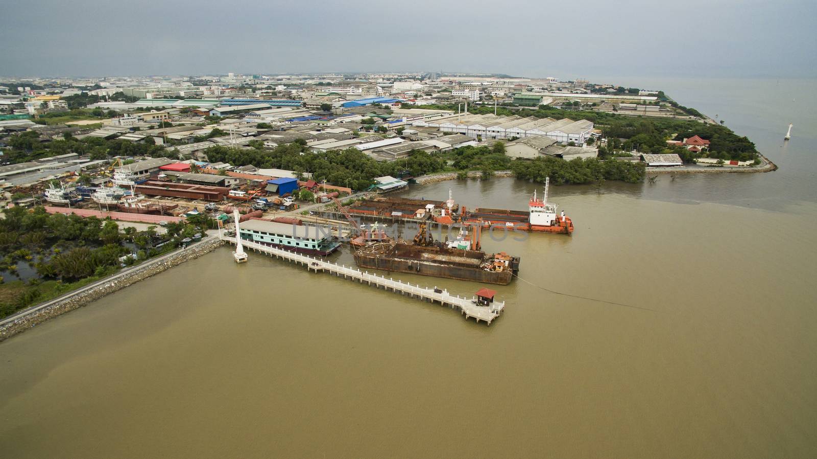 aerial view of ship port in and industrial estate in samuthprakarn province out skirt bangkok thailand