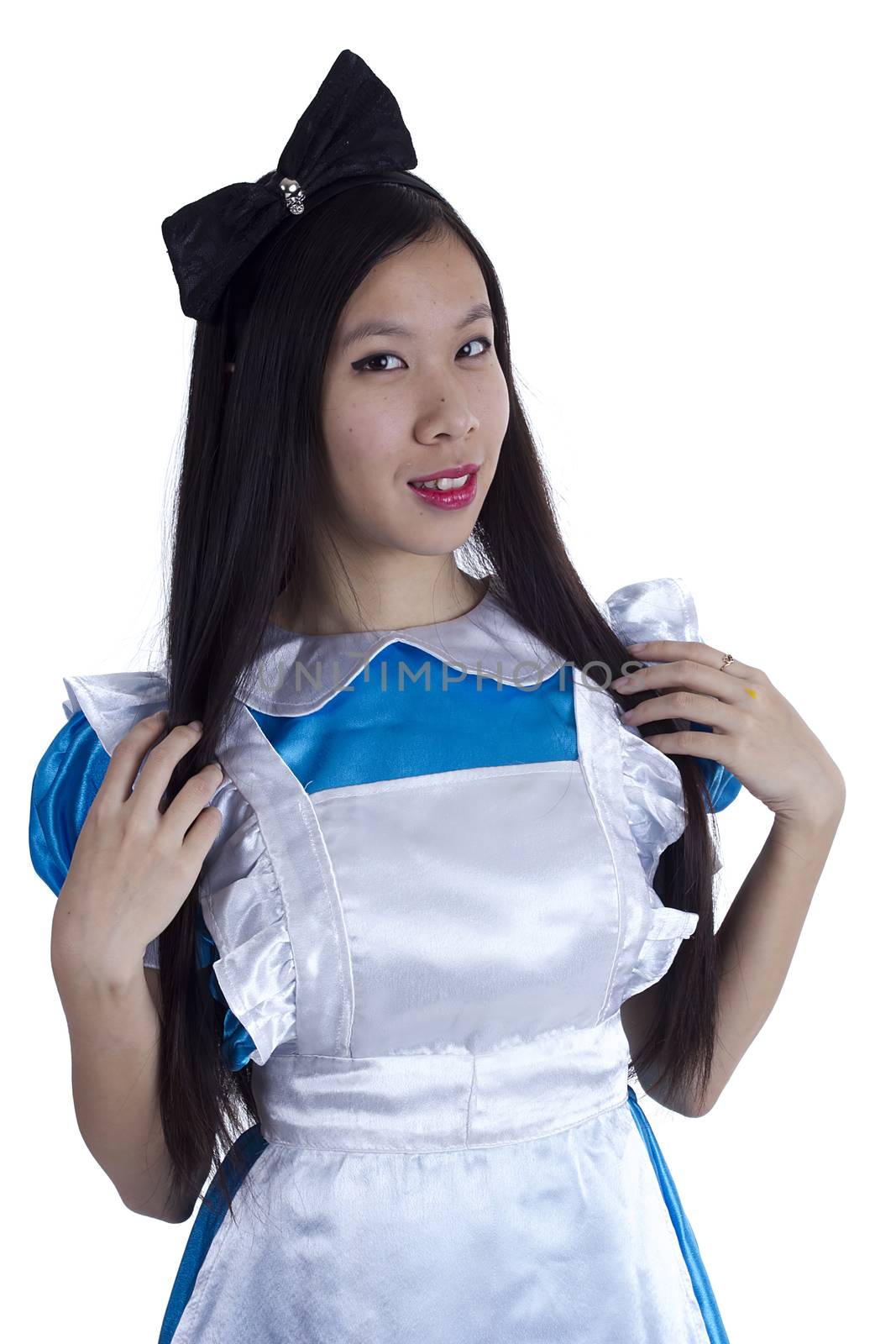 Young girl in the image of Alice on a white background