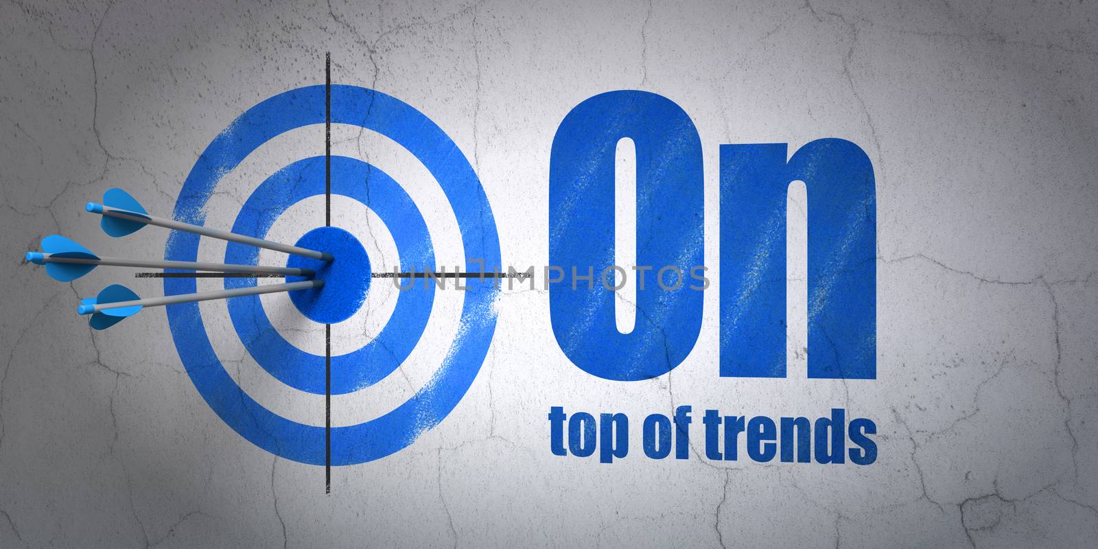 Success business concept: arrows hitting the center of target, Blue On Top of trends on wall background, 3D rendering