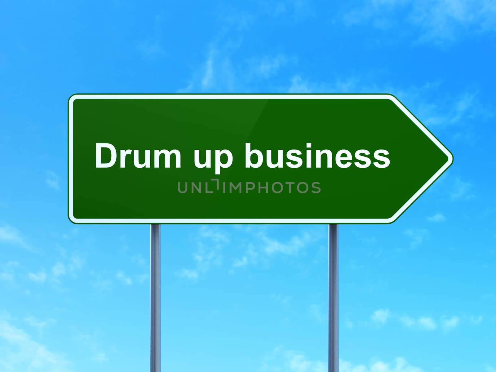 Finance concept: Drum up business on green road highway sign, clear blue sky background, 3D rendering