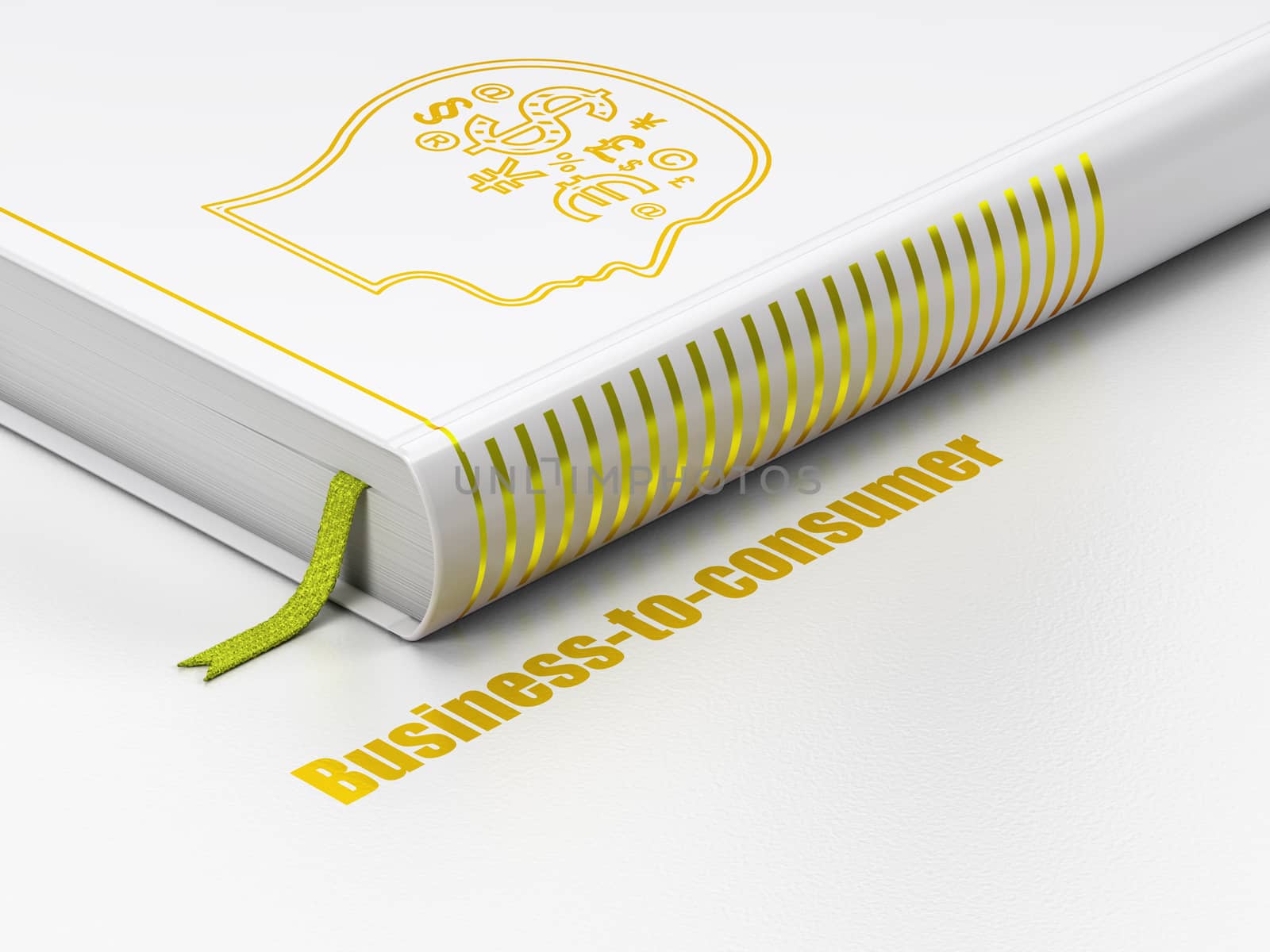 Finance concept: closed book with Gold Head With Finance Symbol icon and text Business-to-consumer on floor, white background, 3D rendering