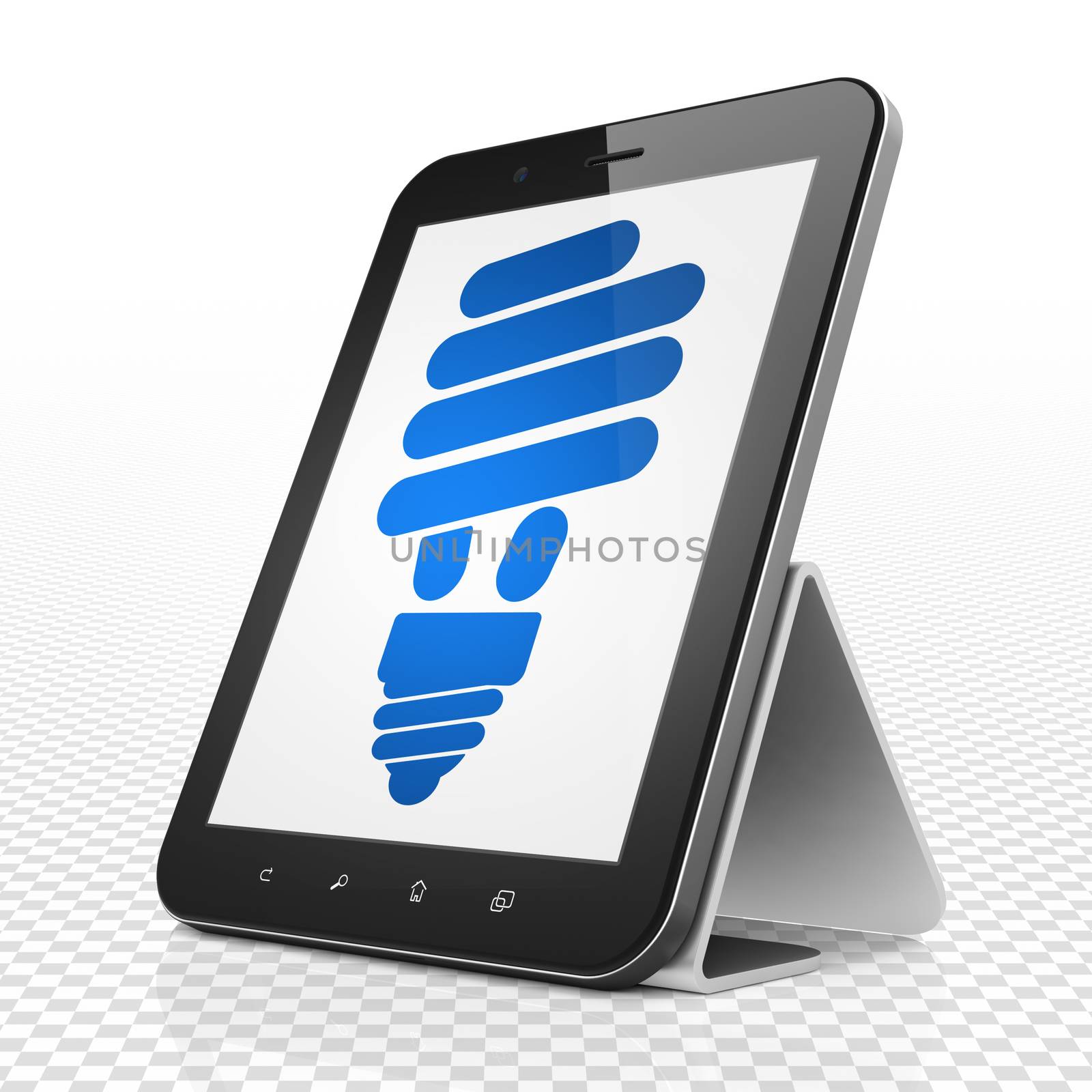 Business concept: Tablet Computer with blue Energy Saving Lamp icon on display, 3D rendering