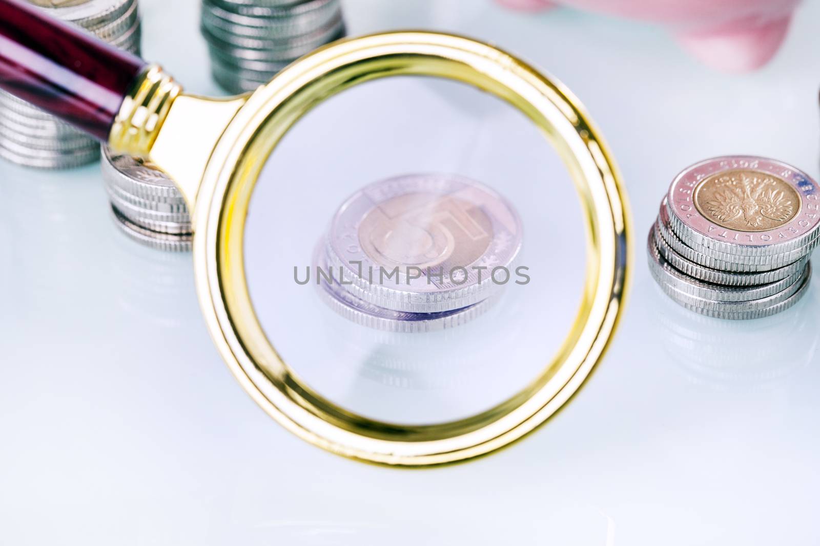 Money under loupe. Zoom on home finances. Studio shot