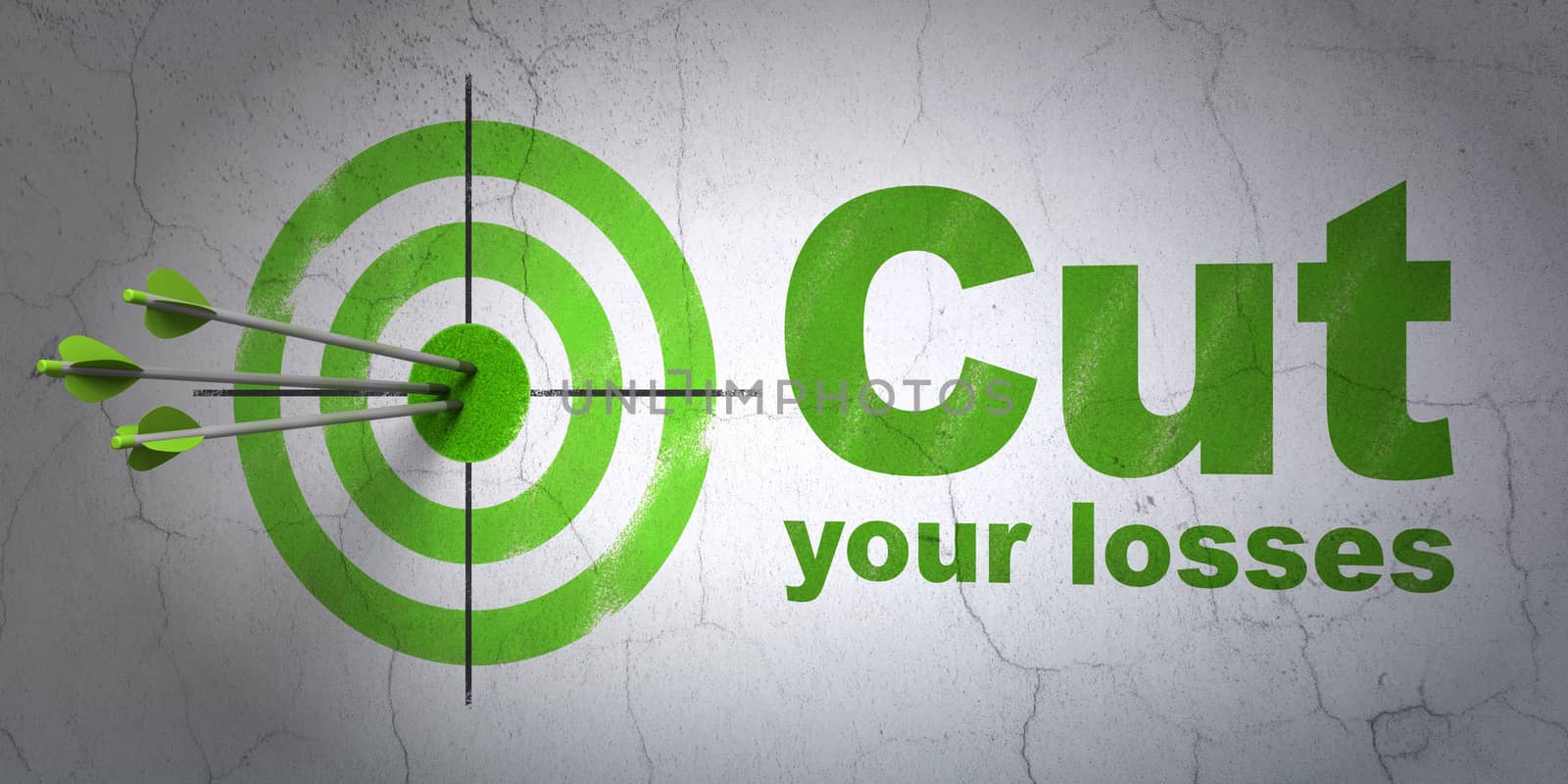 Success finance concept: arrows hitting the center of target, Green Cut Your losses on wall background, 3D rendering