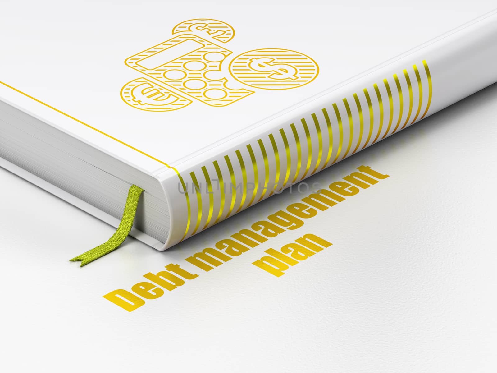 Business concept: closed book with Gold Calculator icon and text Debt Management Plan on floor, white background, 3D rendering
