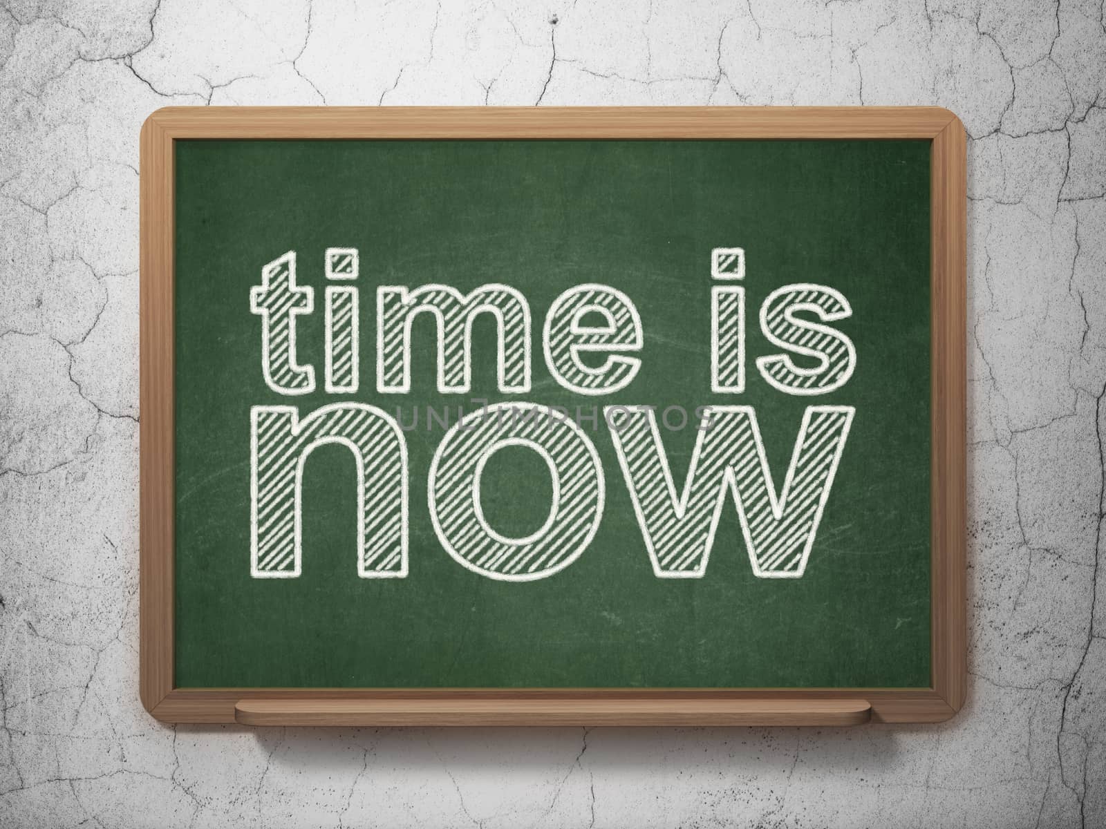 Time concept: text Time is Now on Green chalkboard on grunge wall background, 3D rendering