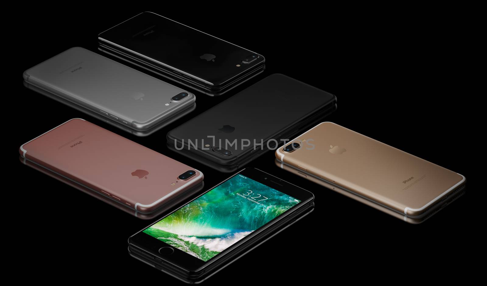 Galati, Romania – October 03, 2016: 3D rendering of Jet Black, Black, Rose Gold, Gold, Silver iPhone 7 Plus on black background. Devices displaying the applications on the home screen. The iPhone 7 Plus is smart phone with multi touch screen produced by Apple Computer, Inc.