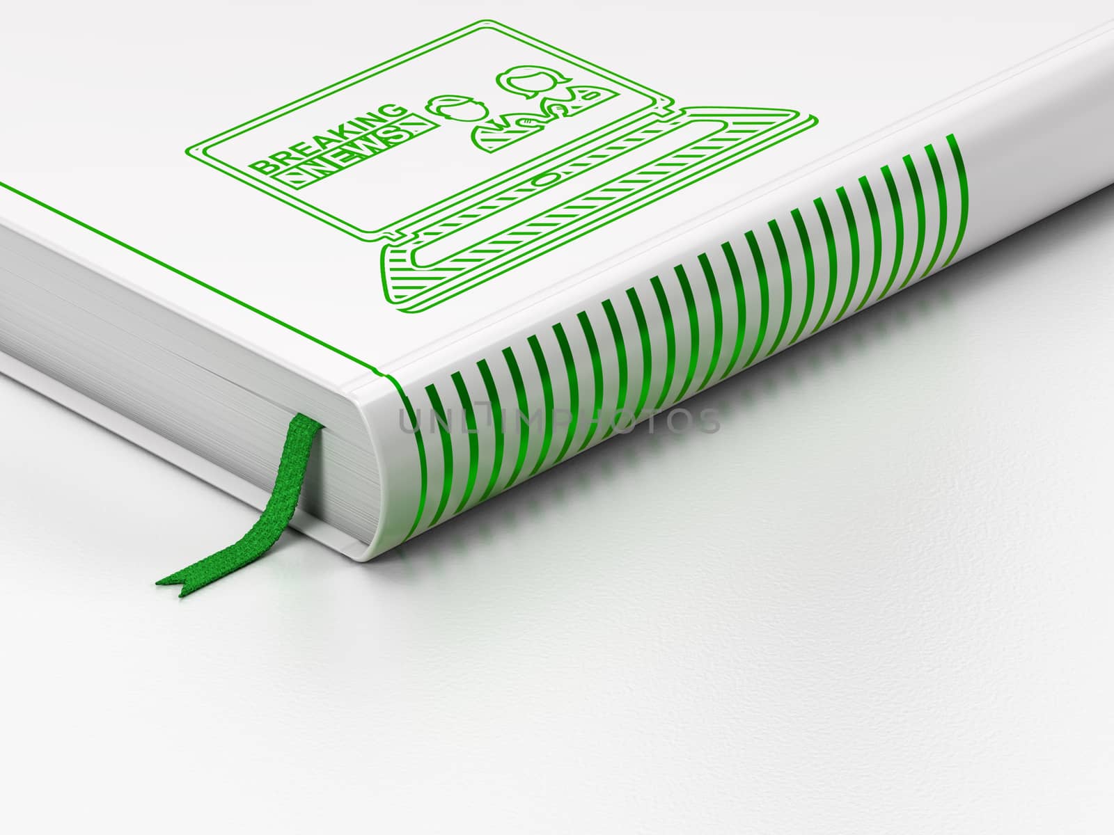 News concept: closed book with Green Breaking News On Laptop icon on floor, white background, 3D rendering