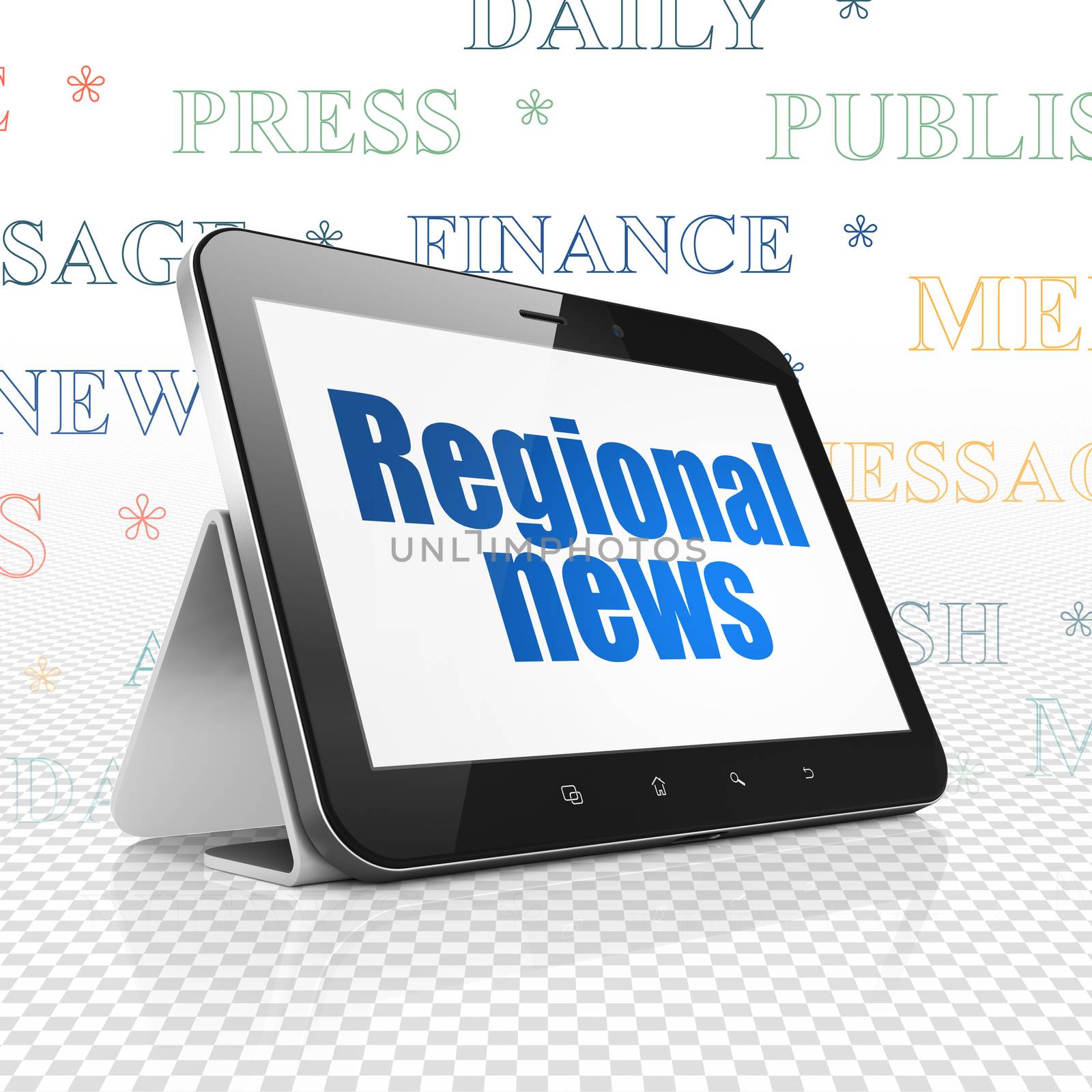 News concept: Tablet Computer with  blue text Regional News on display,  Tag Cloud background, 3D rendering