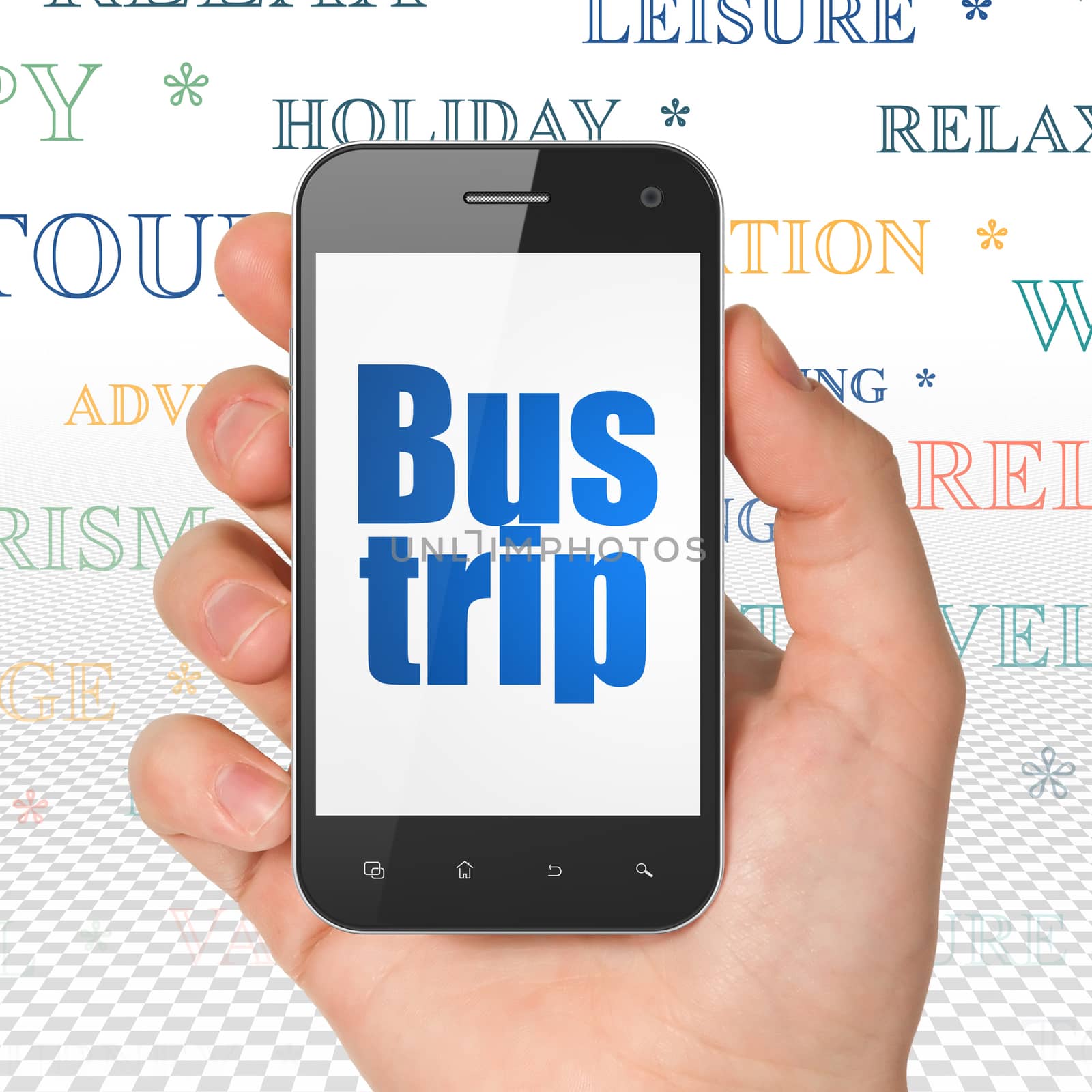 Tourism concept: Hand Holding Smartphone with Bus Trip on display by maxkabakov