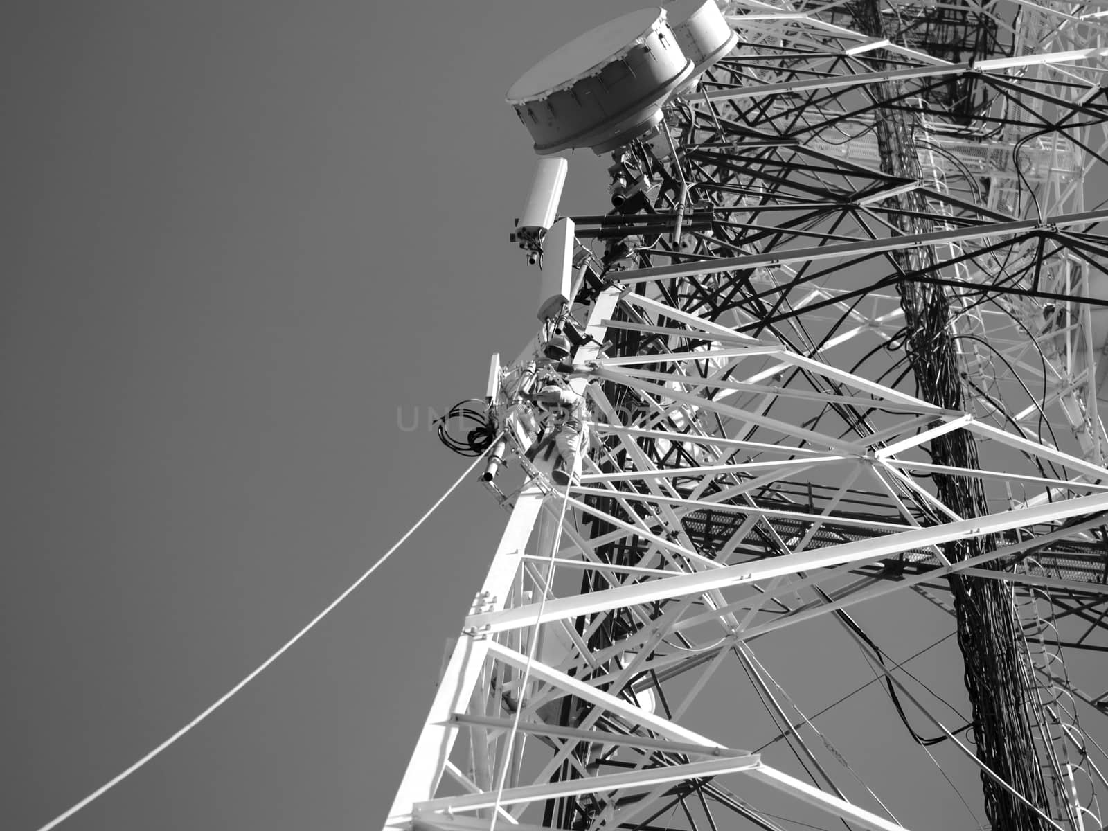BLACK AND WHITE PHOTO OF TELECOM WORKERS REPAIRING CABLES ON TOWER