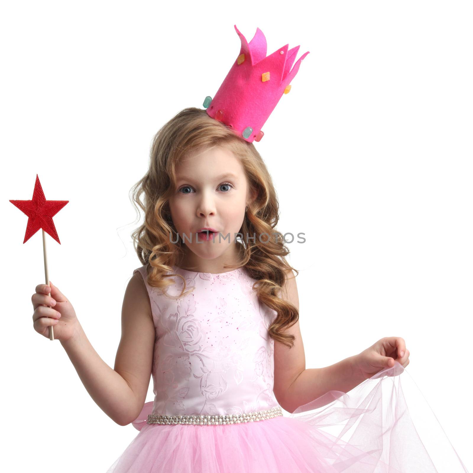 Little fairy girl in pink dress and crown with magic wand isolated on white background