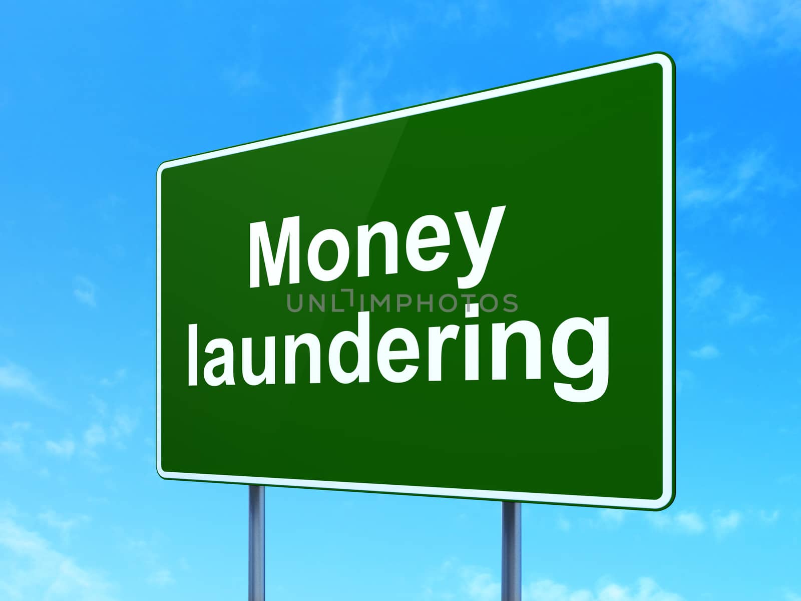 Money concept: Money Laundering on green road highway sign, clear blue sky background, 3D rendering