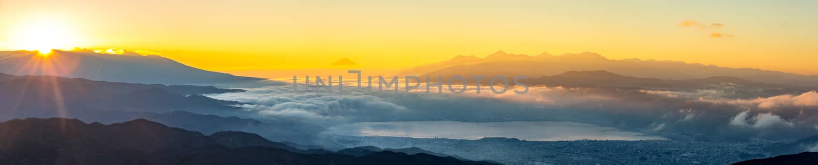 aerial Mount Fuji with Suwako Lake sunrise Takabochi panorama
