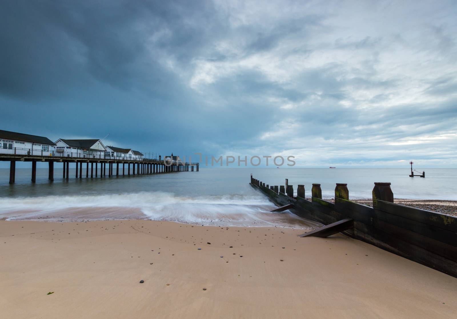 Southwold Pier,  Suffolk, on a cloudy morning at sunrise